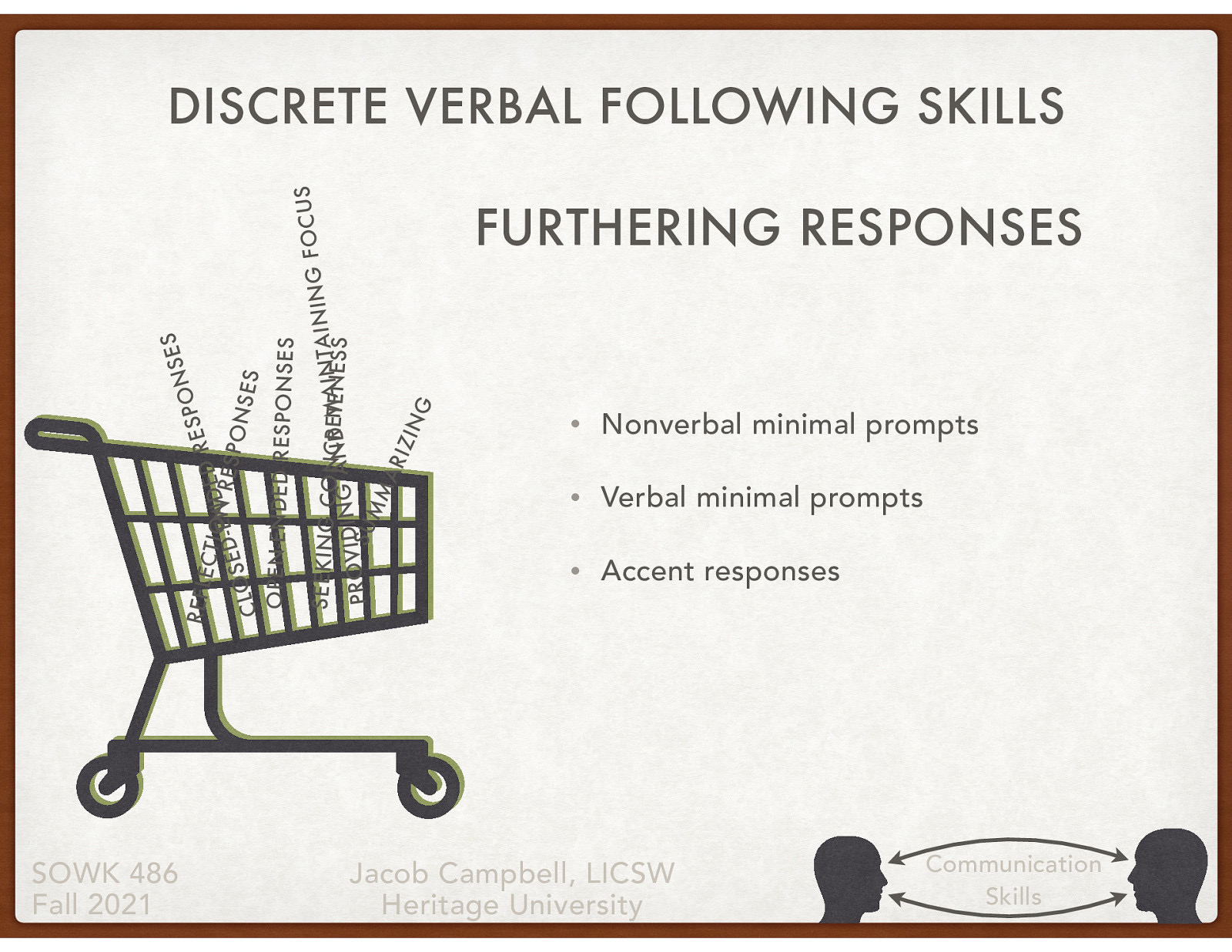   Minimal prompts signal the social worker’s attentiveness and encourage the client to continue verbalizing.   Nonverbal minimal prompts consist of nodding the head, using facial expressions, or employing gestures that convey receptivity, interest, and commitment to understanding. They implicitly convey the message, “I am with you; please continue.”  Verbal minimal prompts consist of brief messages that convey interest and encourage or request expanded verbalizations along the lines of the client’s previous expressions.    Accent responses (Hackney & Cormier, 2005) involve repeating, in a questioning tone of voice or with emphasis, a word or a short phrase. Suppose a client says, “I’ve really had it with the way my supervisor at work is treating me.” The social worker might reply, “Had it?” 
