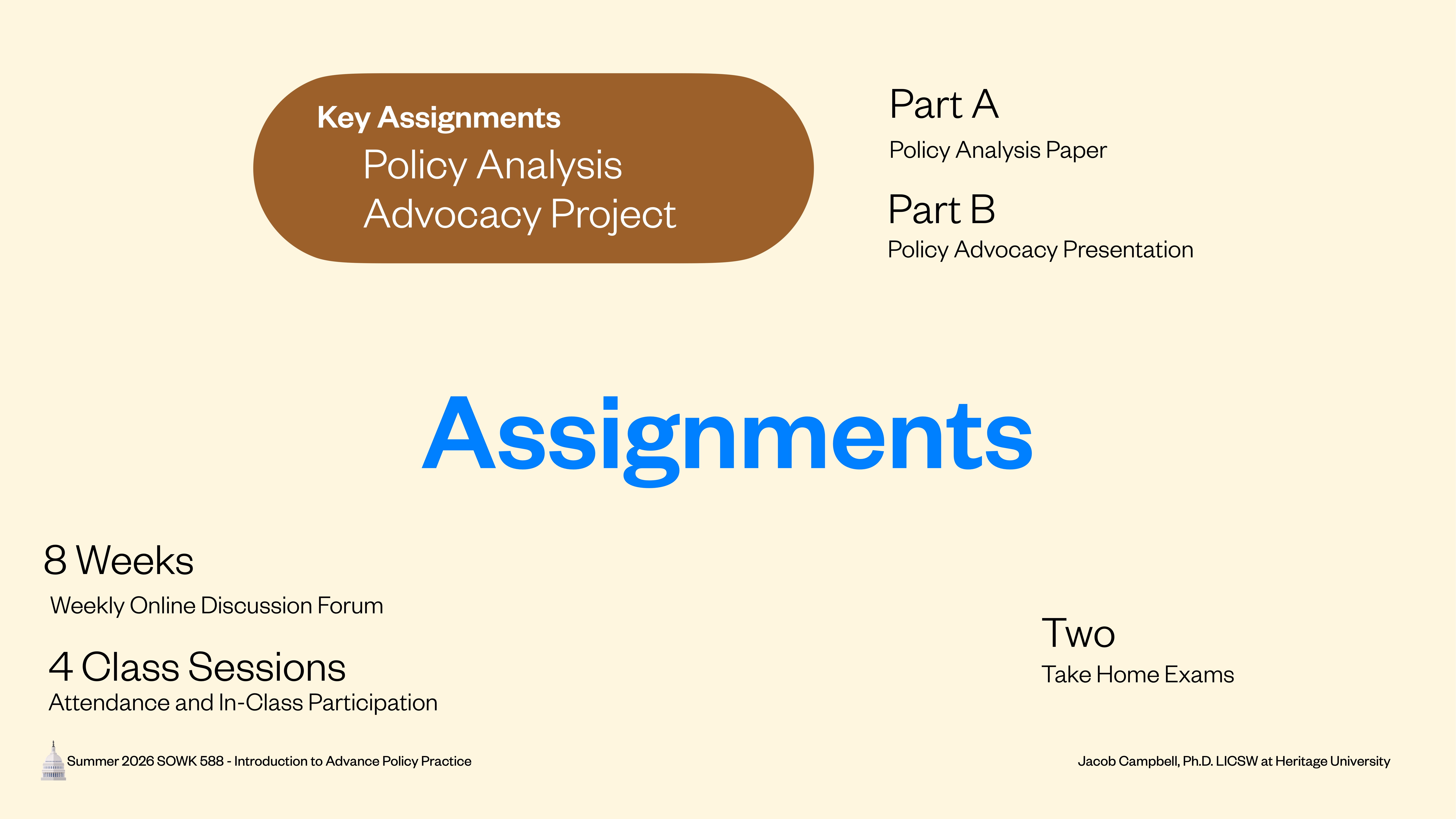 Assignments slide lists key tasks for a Policy Analysis Advocacy Project, including a paper and presentation, weekly discussions, class sessions, and two take-home exams. Summer 2023, SCWK 588 course.