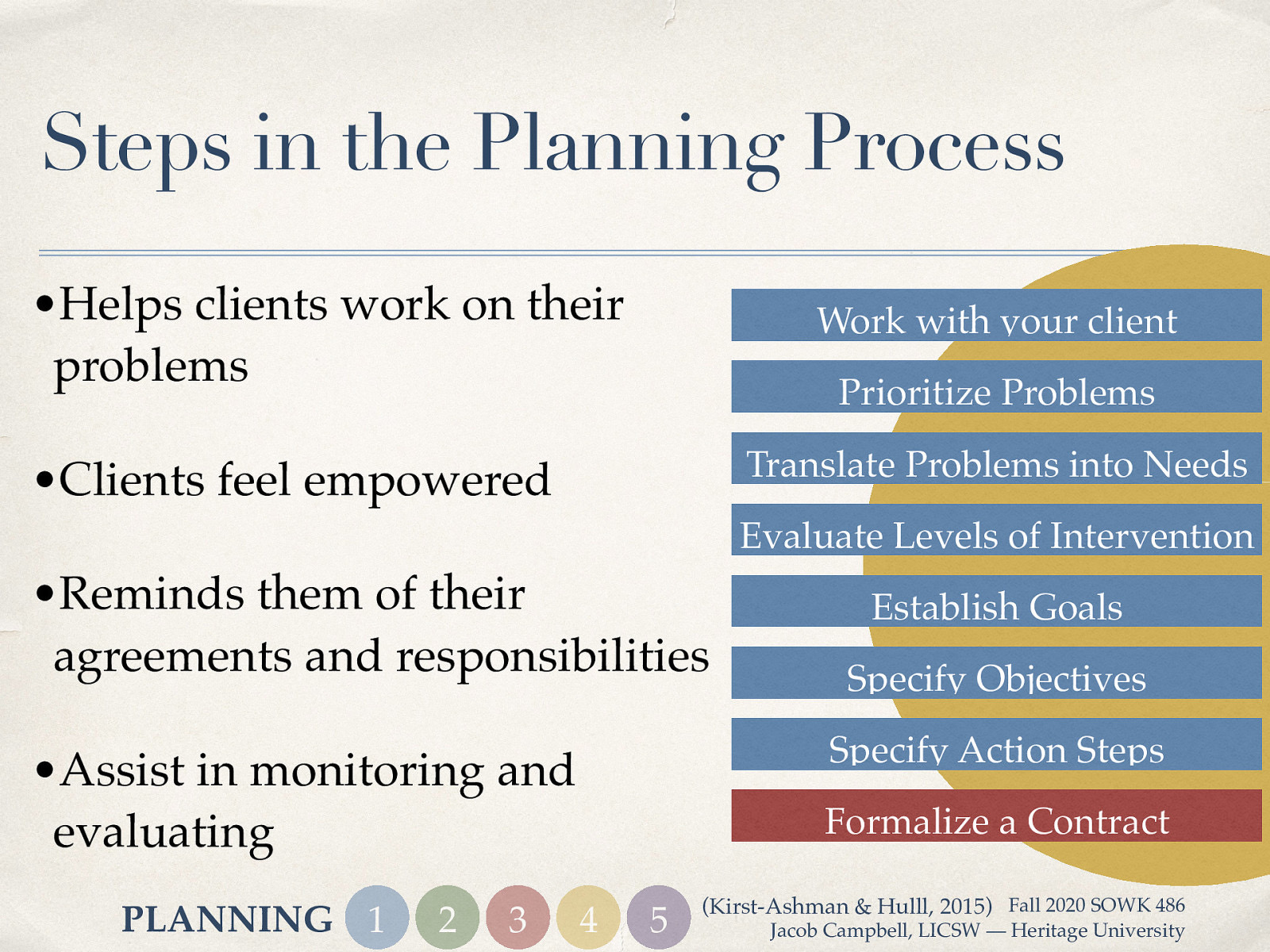  There are advantages to having clients involved in completing a contract.    Helps clients work on their problems because they were active in establishing their goals, objectives, and action steps.  Clients feel empowered as they learn they can take charge and make changes. Clients who are disorganized or forgetful will benefit from a contract that reminds them of their agreements and responsibilities. Contracts provide a record of goals and plans that can assist in monitoring and evaluating the planned change effort.   A client may only agree upon a contract when a client fully trusts a worker when working with cross cultural relationships. 
