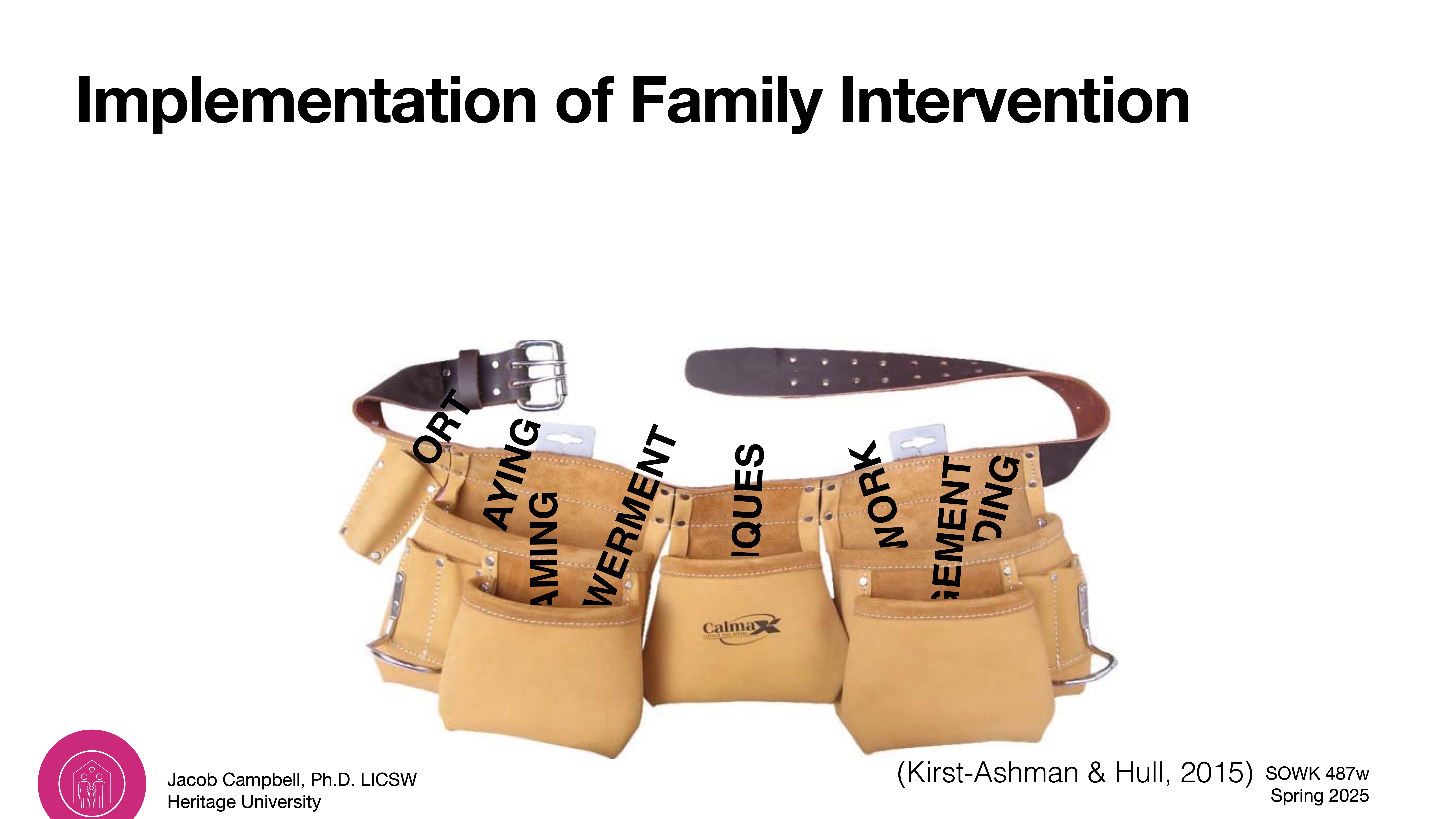 A tool belt is depicted with labeled pockets: 'SAYING,' 'TIMING,' 'Acknowledgement,' 'EXPERIMENT,' 'Techniques,' 'WORK,' 'Understanding.' Title: 'Implementation of Family Intervention.' Presentation details: Jacob Campbell, Heritage University, SOWK 487w Spring 2025.