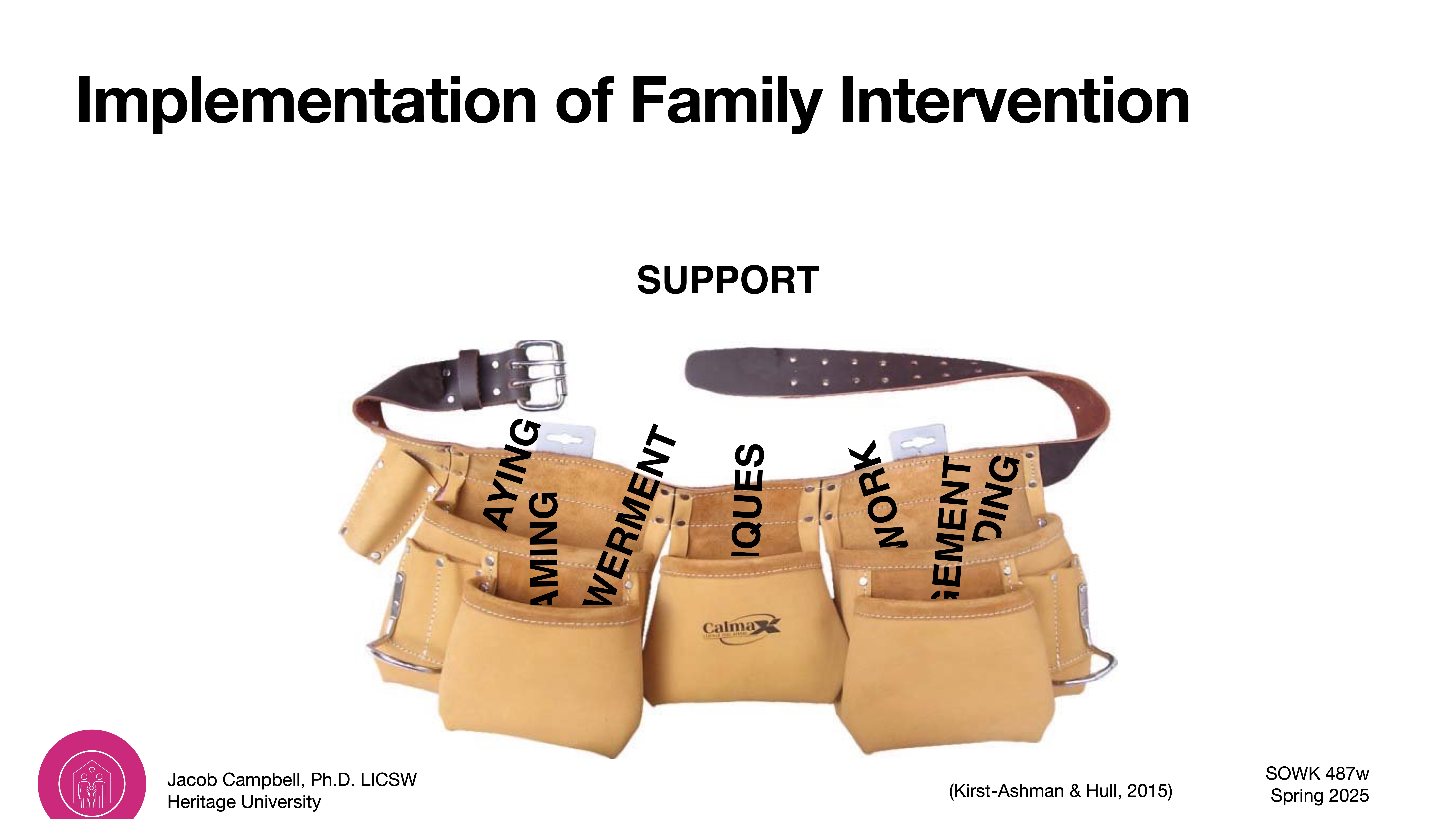 A tool belt labeled 'Caliber' displays words like 'SUPPORT,' 'TECHNIQUES,' 'INVOLVEMENT,' 'PLANNING,' and 'WORKING.' The slide title is 'Implementation of Family Intervention.' Presented by Jacob Campbell, Ph.D., LICSW, Heritage University; course 'SOWK 487w Spring 2025.' (Kirst-Ashman & Hull, 2015).