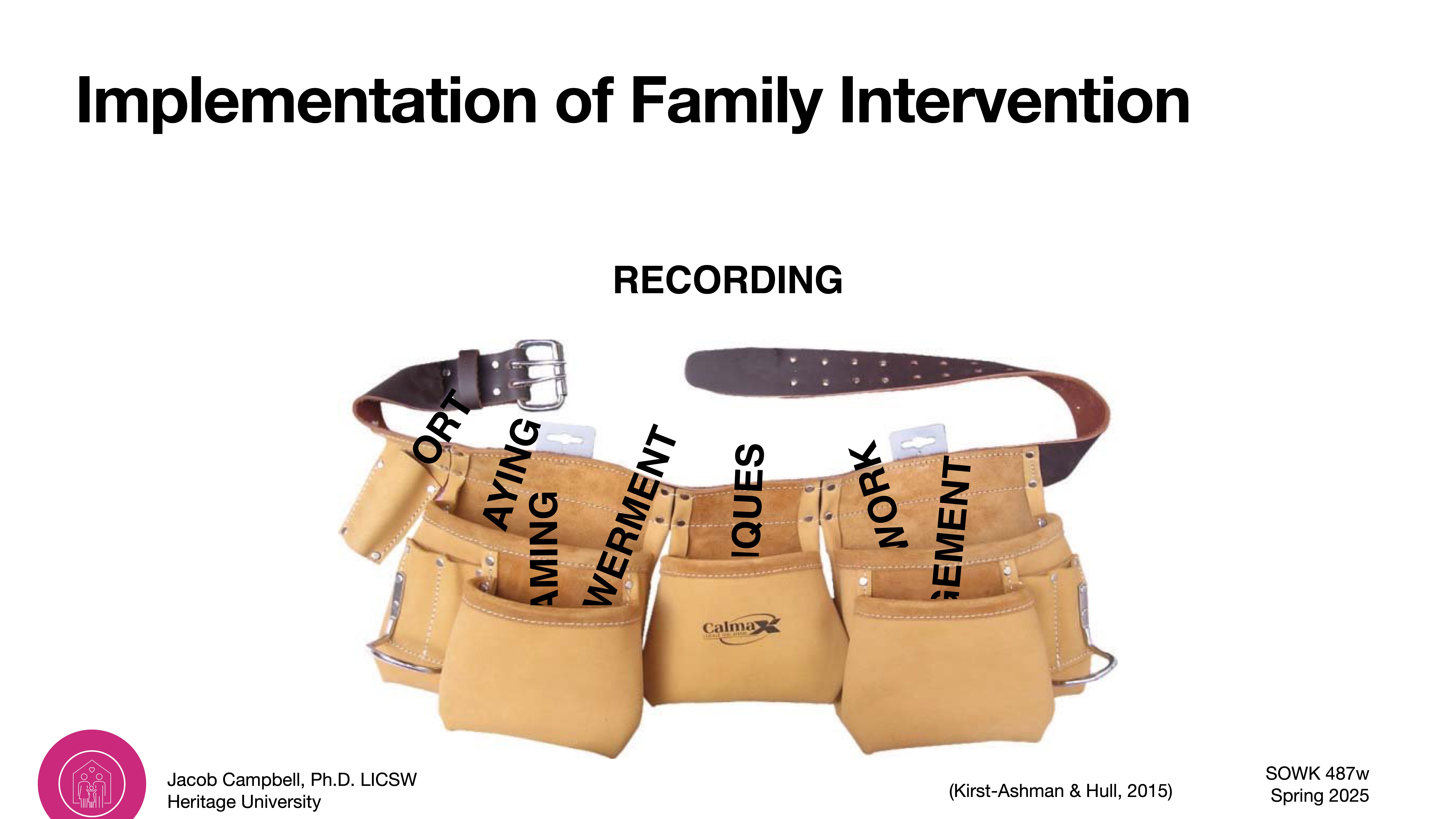 Tool belt labeled with words like 'PLANNING,' 'MEASUREMENT,' 'TECHNIQUES,' over pockets; 'Implementation of Family Intervention' is the title. Presented by Jacob Campbell at Heritage University.