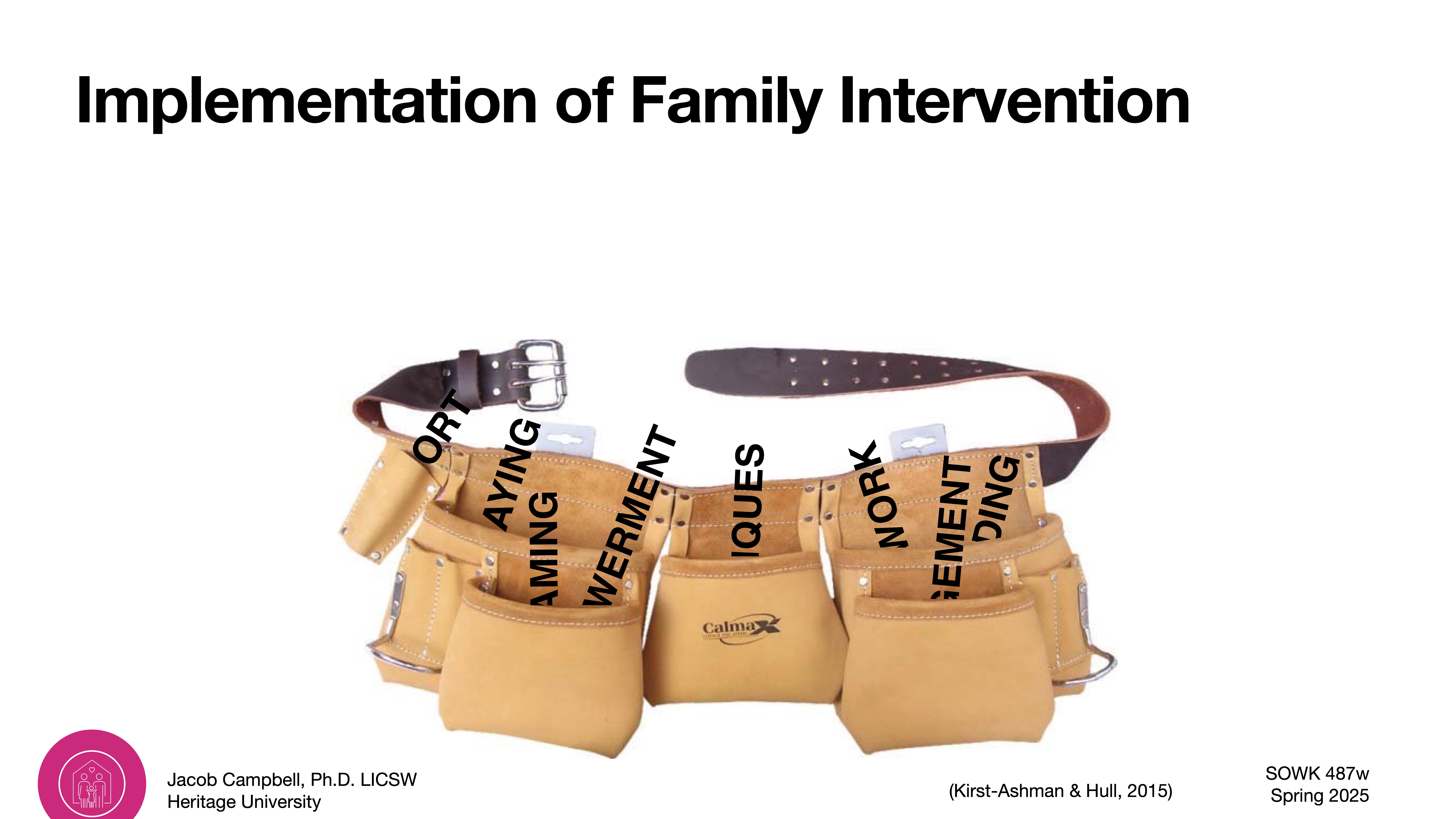 A tool belt with words like 'PLANNING,' 'ENGAGEMENT,' and 'TECHNIQUES' is centered, symbolizing intervention tools. The slide reads 'Implementation of Family Intervention.' Jacob Campbell, Ph.D., Heritage University, Spring 2025.