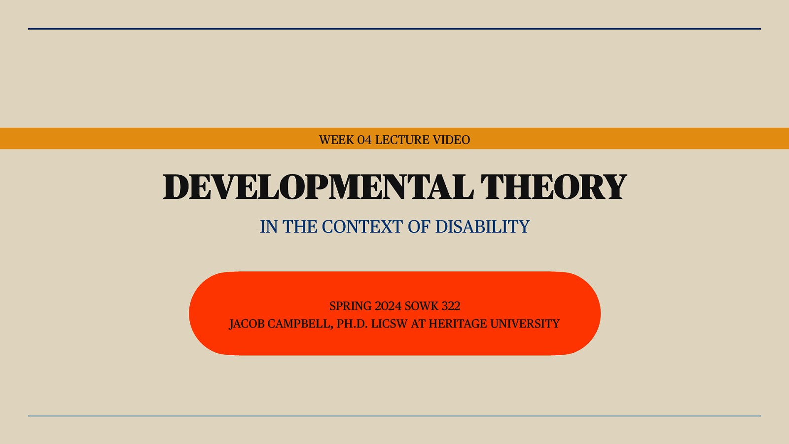 WEEK 04 LECTURE VIDEO DEVELOPMENTAL THEORY IN THE CONTEXT OF DISABILITY SPRING 2024 SOWK 322 JACOB CAMPBELL, PH.D. LICSW AT HERITAGE UNIVERSITY
