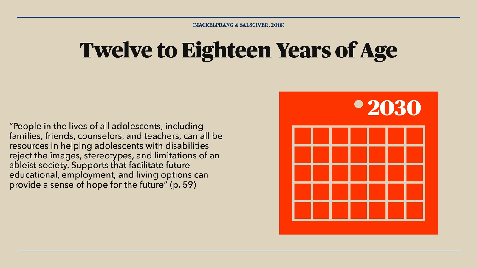 (MACKELPRANG & SALSGIVER, 2016) Twelve to Eighteen Years of Age “People in the lives of all adolescents, including families, friends, counselors, and teachers, can all be resources in helping adolescents with disabilities reject the images, stereotypes, and limitations of an ableist society. Supports that facilitate future educational, employment, and living options can provide a sense of hope for the future” (p. 59) 2030
