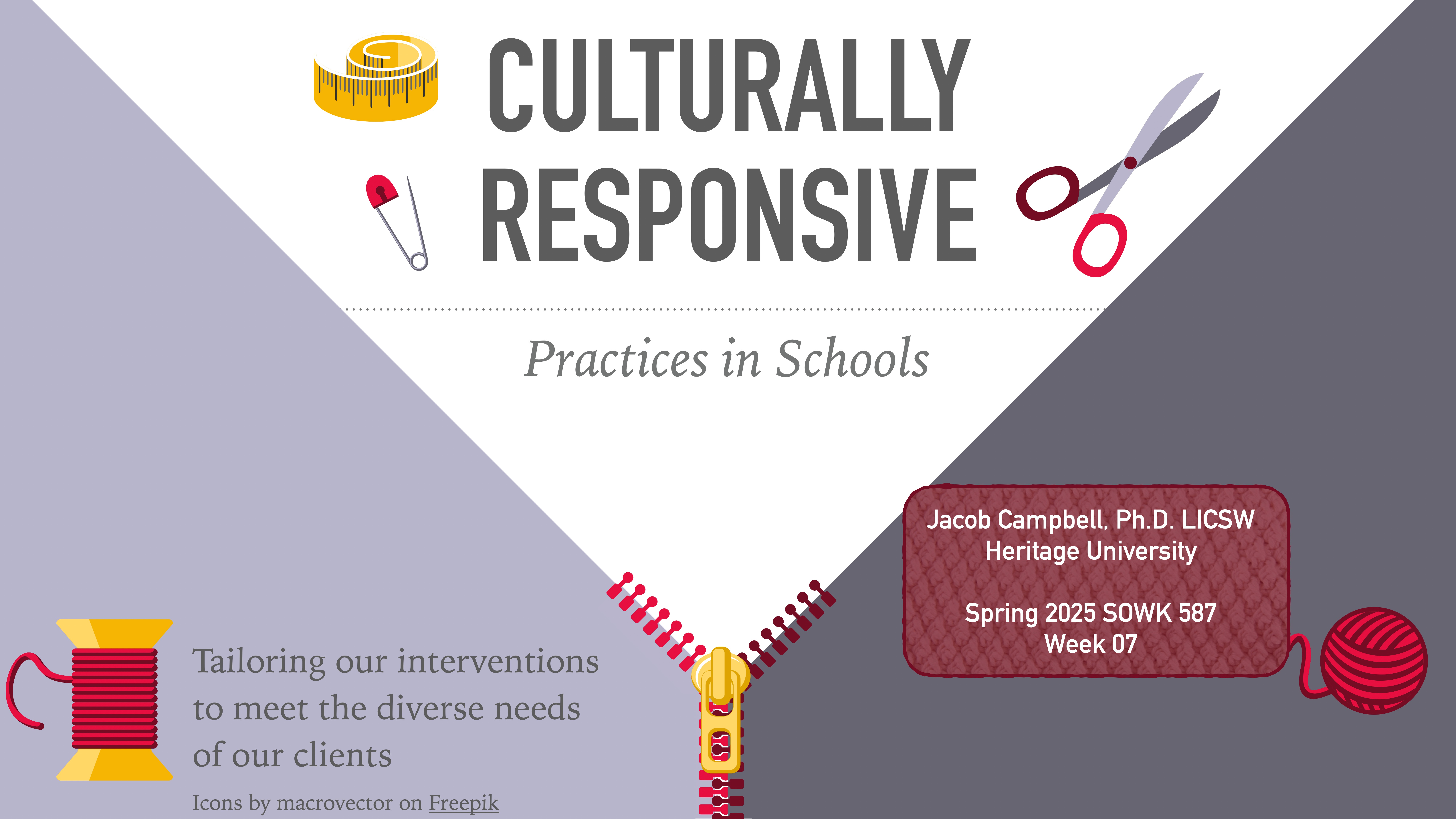 A zippered triangle opens to reveal text about 'Culturally Responsive Practices in Schools' with sewing tools. Additional text: 'Tailoring our interventions to meet the diverse needs of our clients.' Presenter details: Jacob Campbell, Spring 2025, SOWK 587, Week 07.