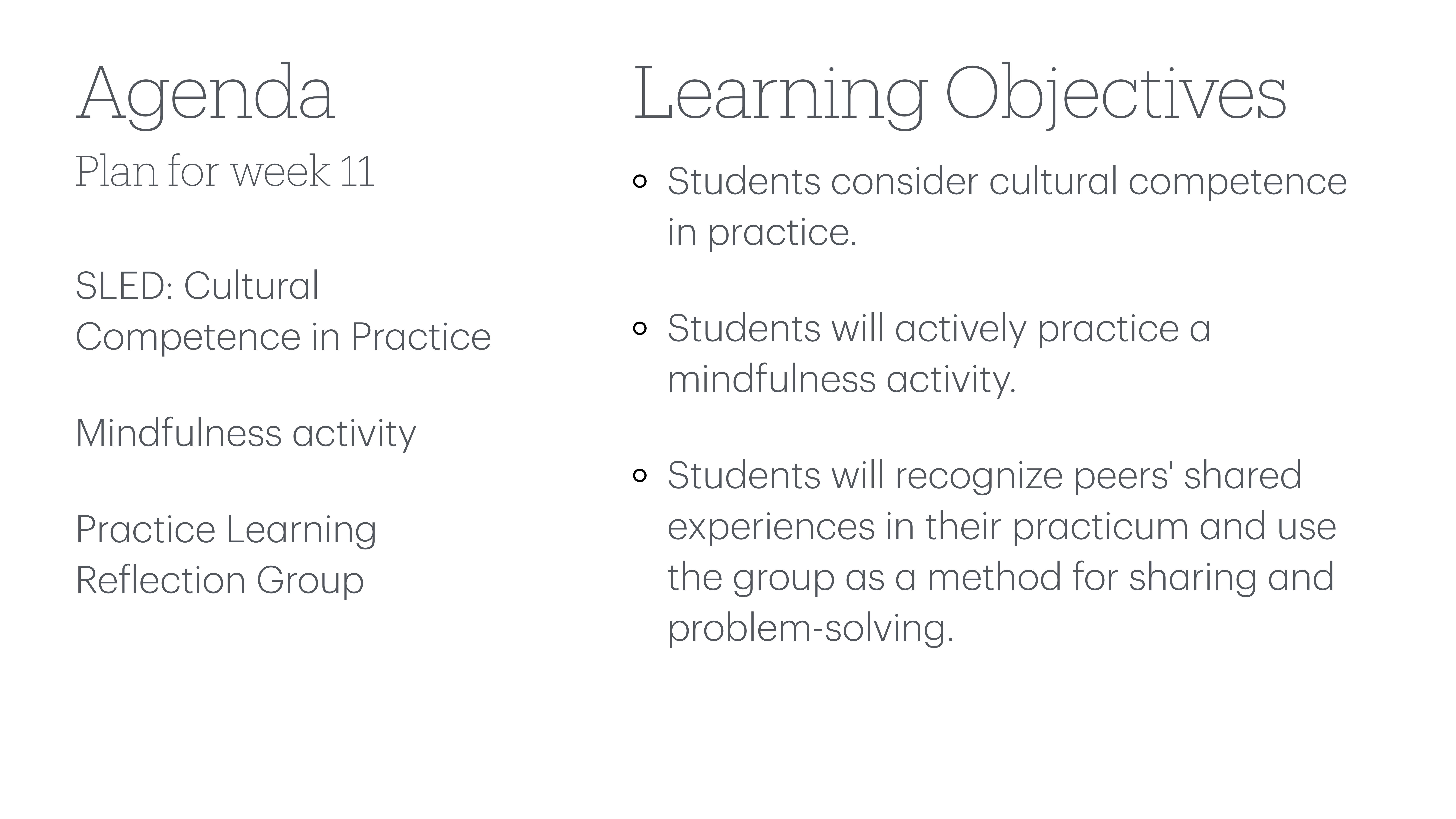 The slide features two sections: 'Agenda' with a weekly plan including cultural competence and mindfulness activities, and 'Learning Objectives' highlighting goals like cultural competence, mindfulness, and peer experience recognition.