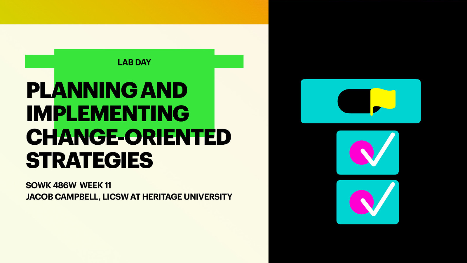 􀆅􀆅􀋊 LAB DAY PLANNING AND IMPLEMENTING CHANGE-ORIENTED STRATEGIES SOWK 486W WEEK 11 JACOB CAMPBELL, LICSW AT HERITAGE UNIVERSITY