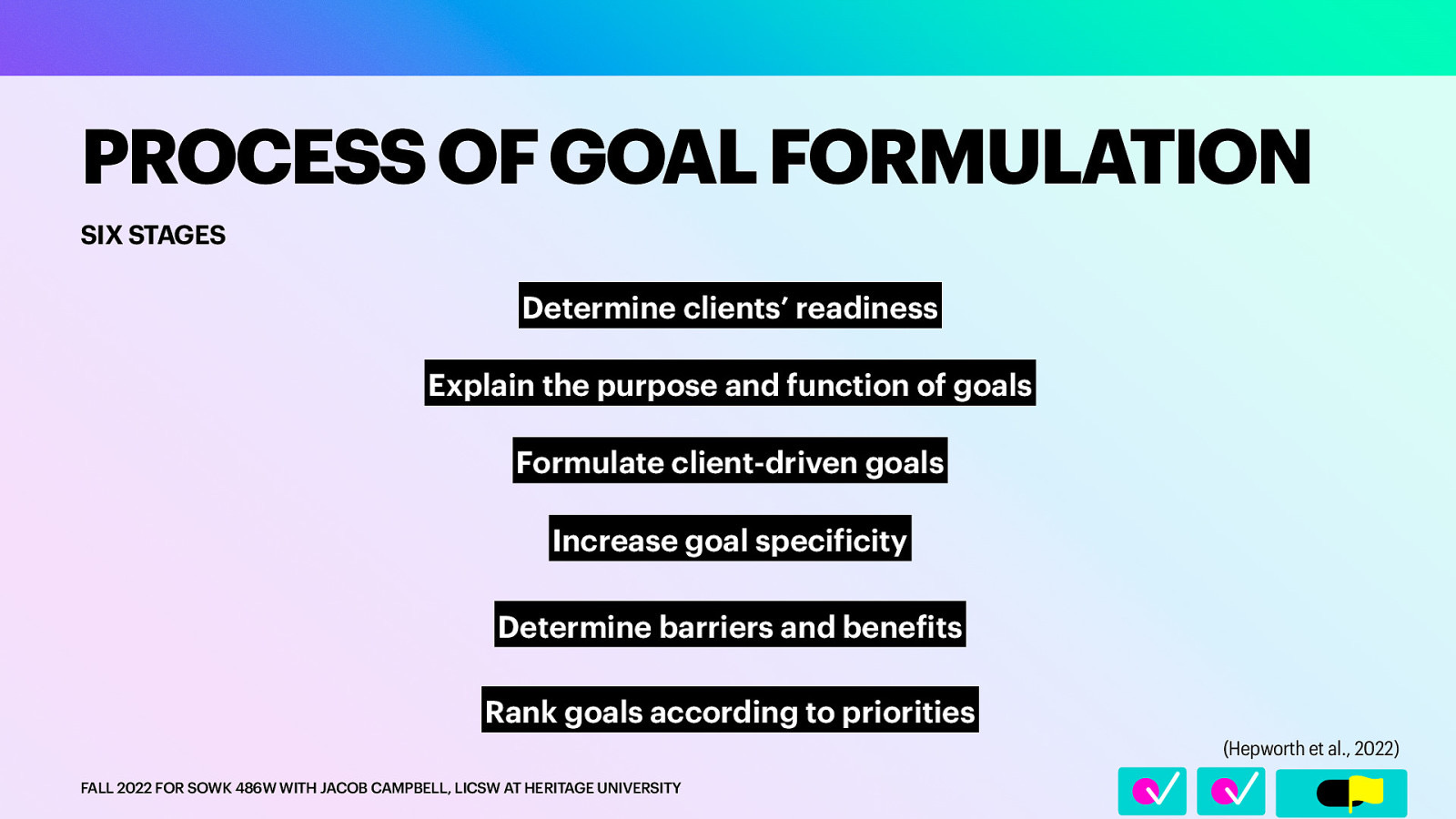 SIX STAGES Determine clients’ readiness Explain the purpose and function of goals Formulate client-driven goals Increase goal speci icity Determine barriers and bene its Rank goals according to priorities (Hepworth et al., 2022) f FALL 2022 FOR SOWK 486W WITH JACOB CAMPBELL, LICSW AT HERITAGE UNIVERSITY f 􀆅􀆅􀋊 PROCESS OF GOAL FORMULATION
