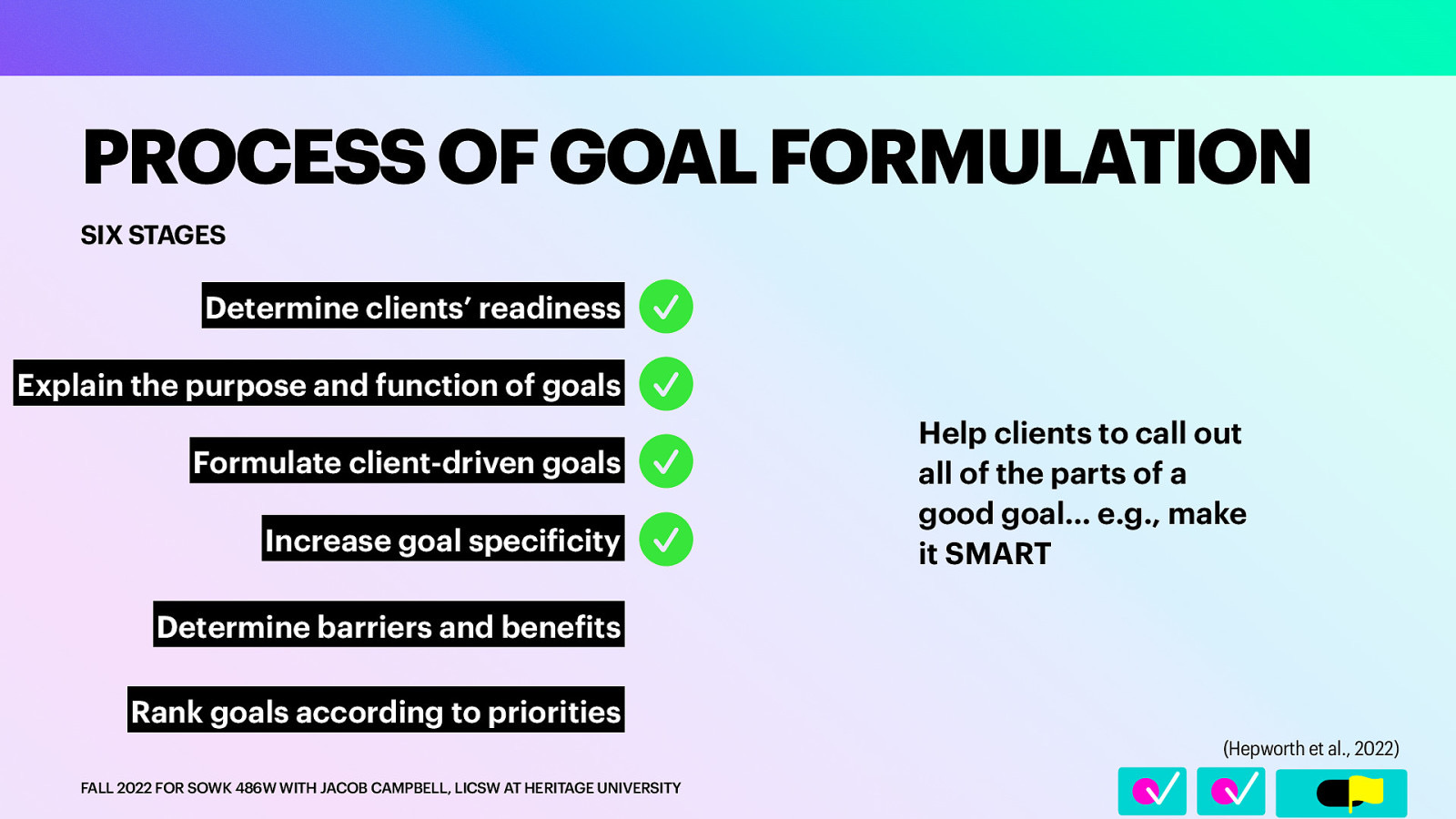 SIX STAGES Determine clients’ readiness Explain the purpose and function of goals Formulate client-driven goals Increase goal speci icity Help clients to call out all of the parts of a good goal… e.g., make it SMART Determine barriers and bene its Rank goals according to priorities (Hepworth et al., 2022) f FALL 2022 FOR SOWK 486W WITH JACOB CAMPBELL, LICSW AT HERITAGE UNIVERSITY f 􀆅􀆅􀋊 􀁣 􀁣􀁣 􀁣 PROCESS OF GOAL FORMULATION
