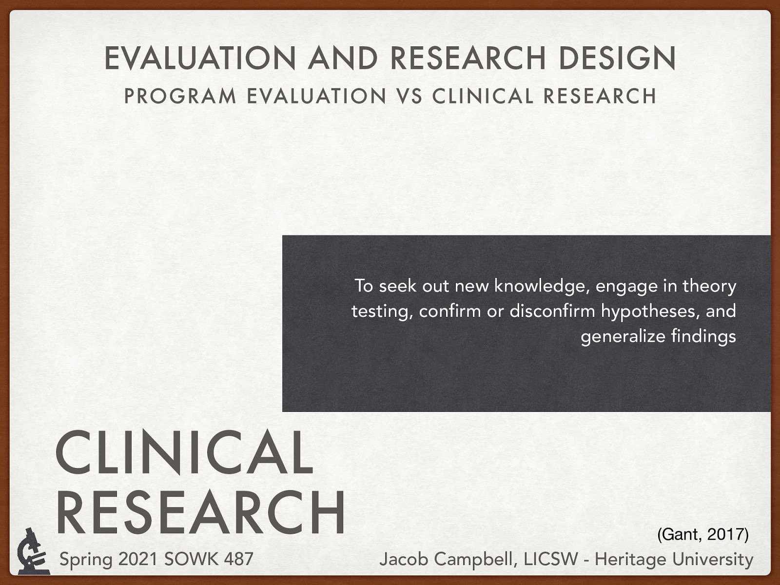 Grant (2017) Clinical Research: To seek out new knowledge, engage in theory testing, confirm or disconfirm hypotheses, and generalize findings
