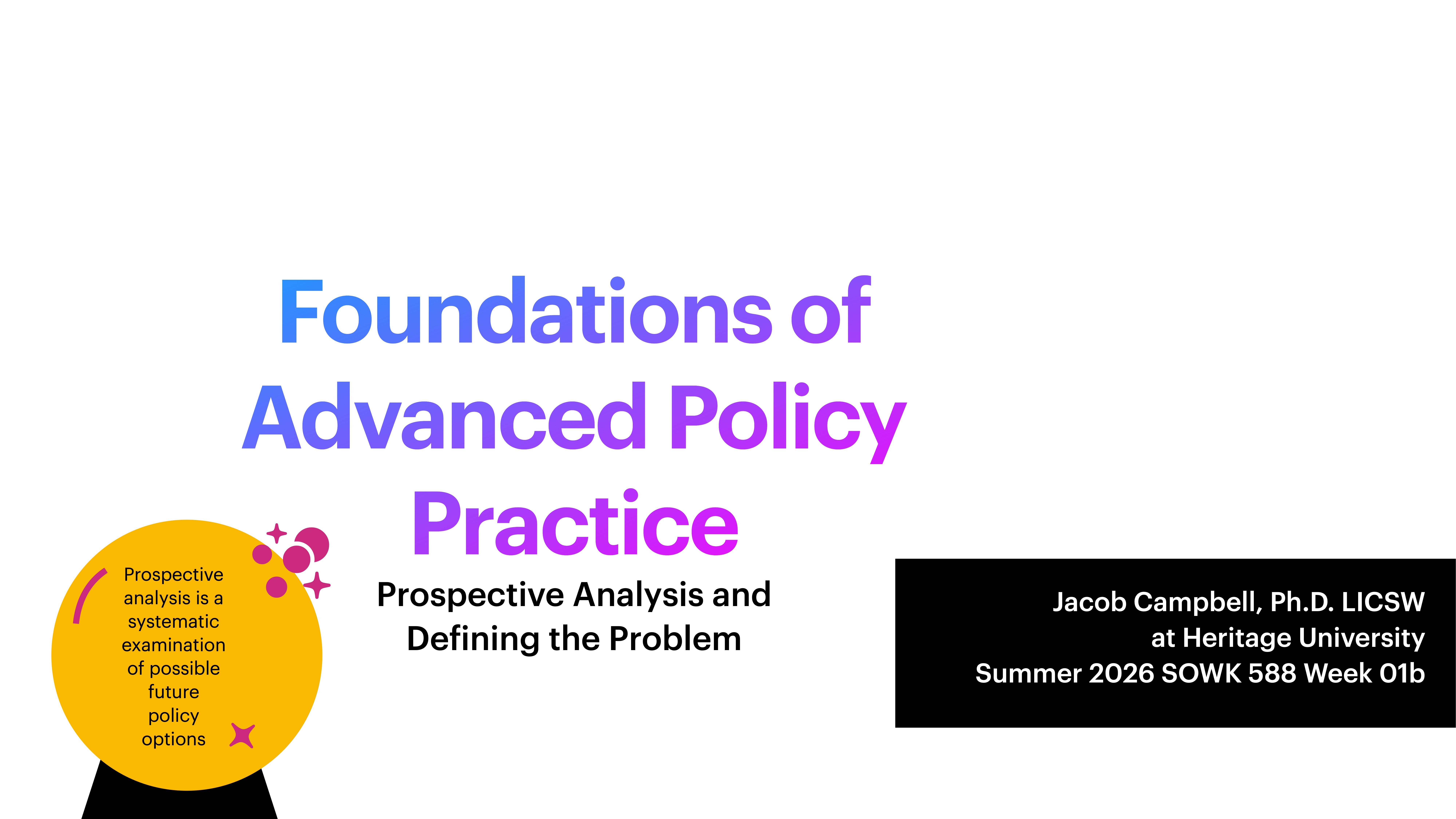 A presentation slide titled 'Foundations of Advanced Policy Practice' describes prospective analysis. Contains text: 'Prospective analysis is a systematic examination of possible future policy options,' and credits Jacob Campbell, Ph.D., Heritage University, Summer 2026, SOWK 588 Week 01b.