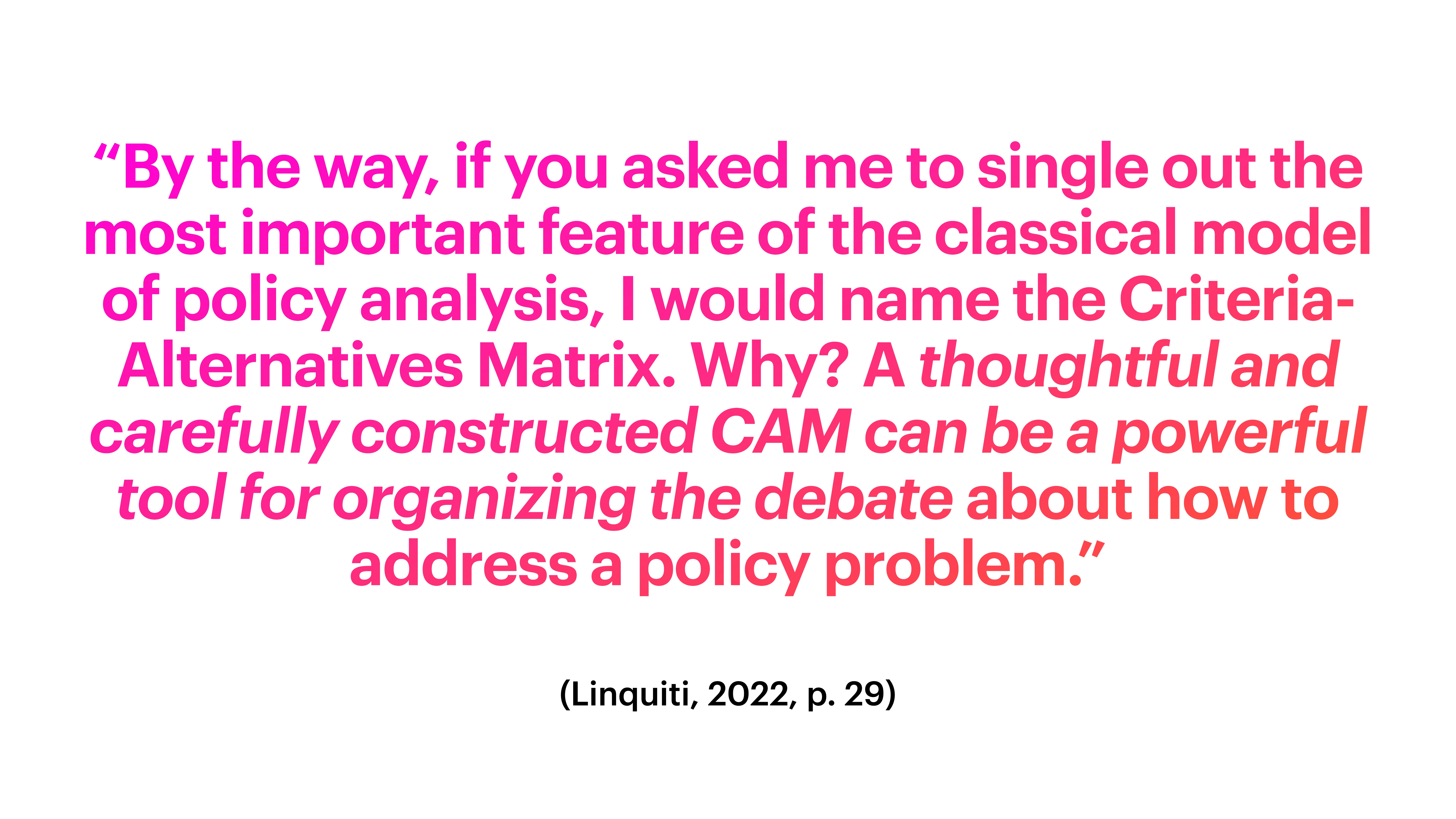 The image features a quote emphasizing the Criteria-Alternatives Matrix's importance in policy analysis. It mentions its role in organizing policy debates. Source: Linquiti, 2022, p. 29.