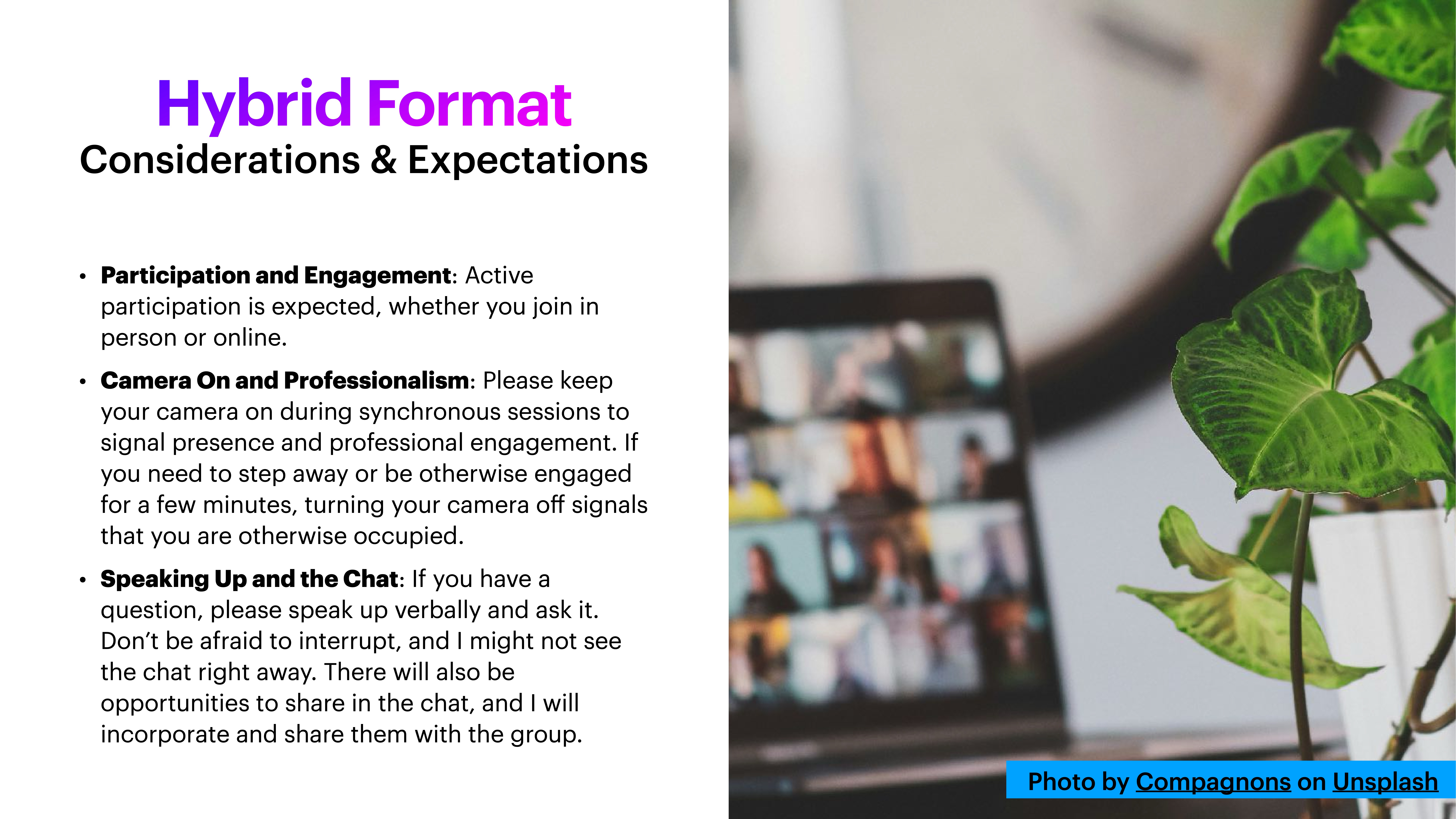 Text on the left outlines hybrid format expectations, emphasizing participation, professionalism with cameras on, and proactive communication. On the right, a blurry laptop screen suggests a virtual meeting, surrounded by green leaves.