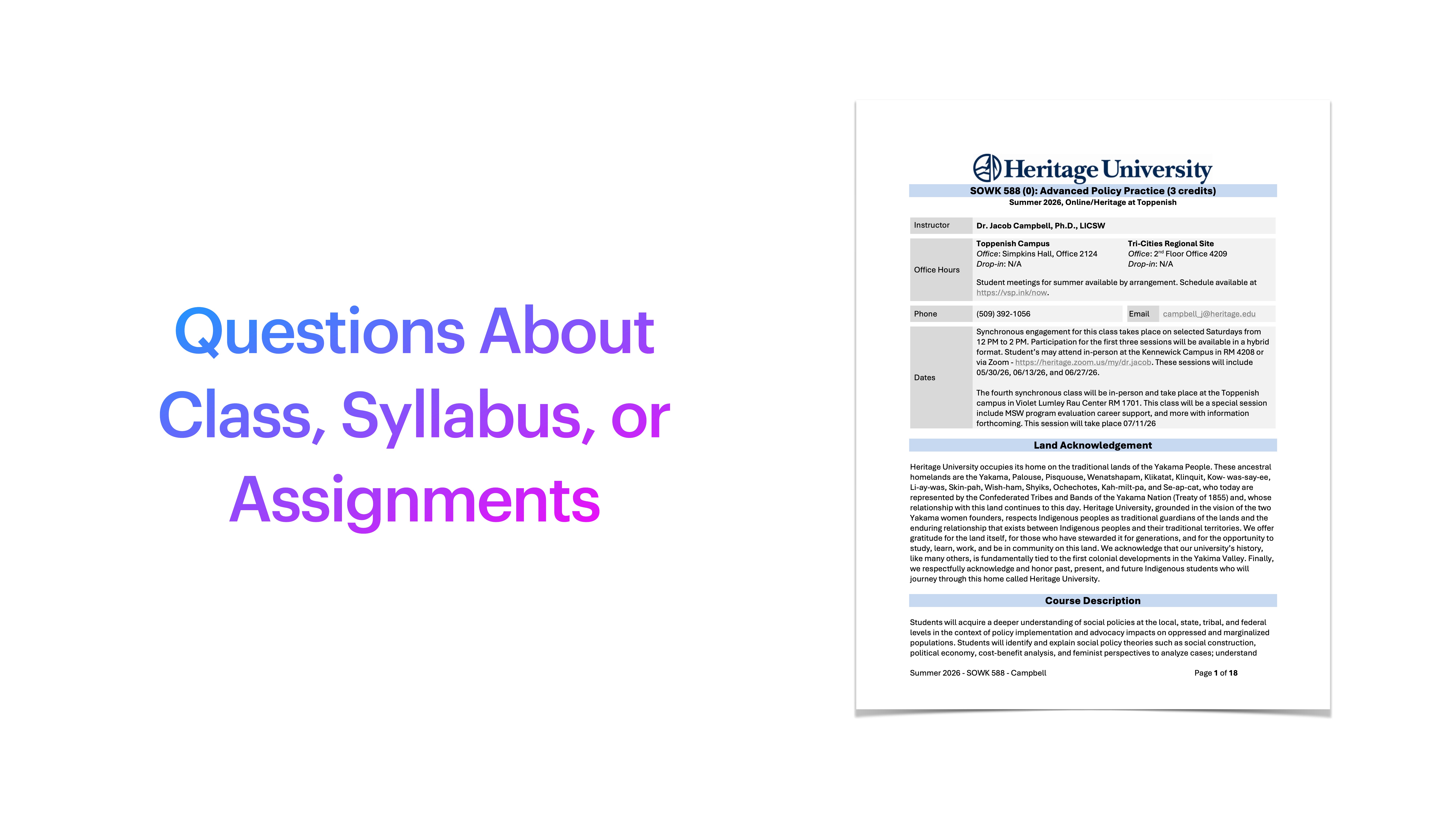 An image shows a document labeled 'Heritage University' detailing a syllabus with information like instructor's name and contact details. Beside it, text reads: 'Questions About Class, Syllabus, or Assignments'.