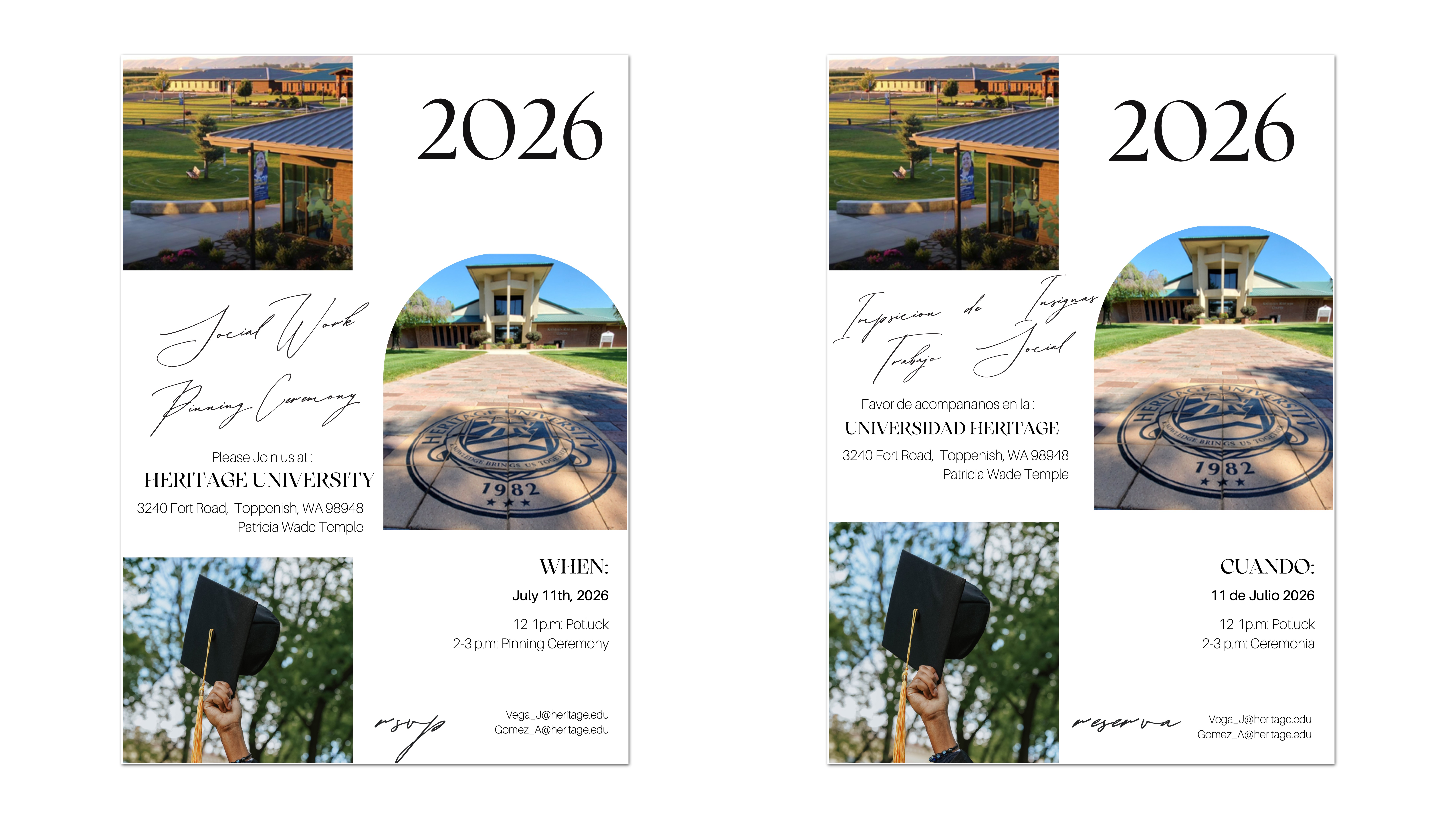 Two side-by-side graduation invitations in English and Spanish for the 2026 ceremony at Heritage University, Toppenish, WA. They display campus photos and event details: July 11 at Patricia Wade Temple.