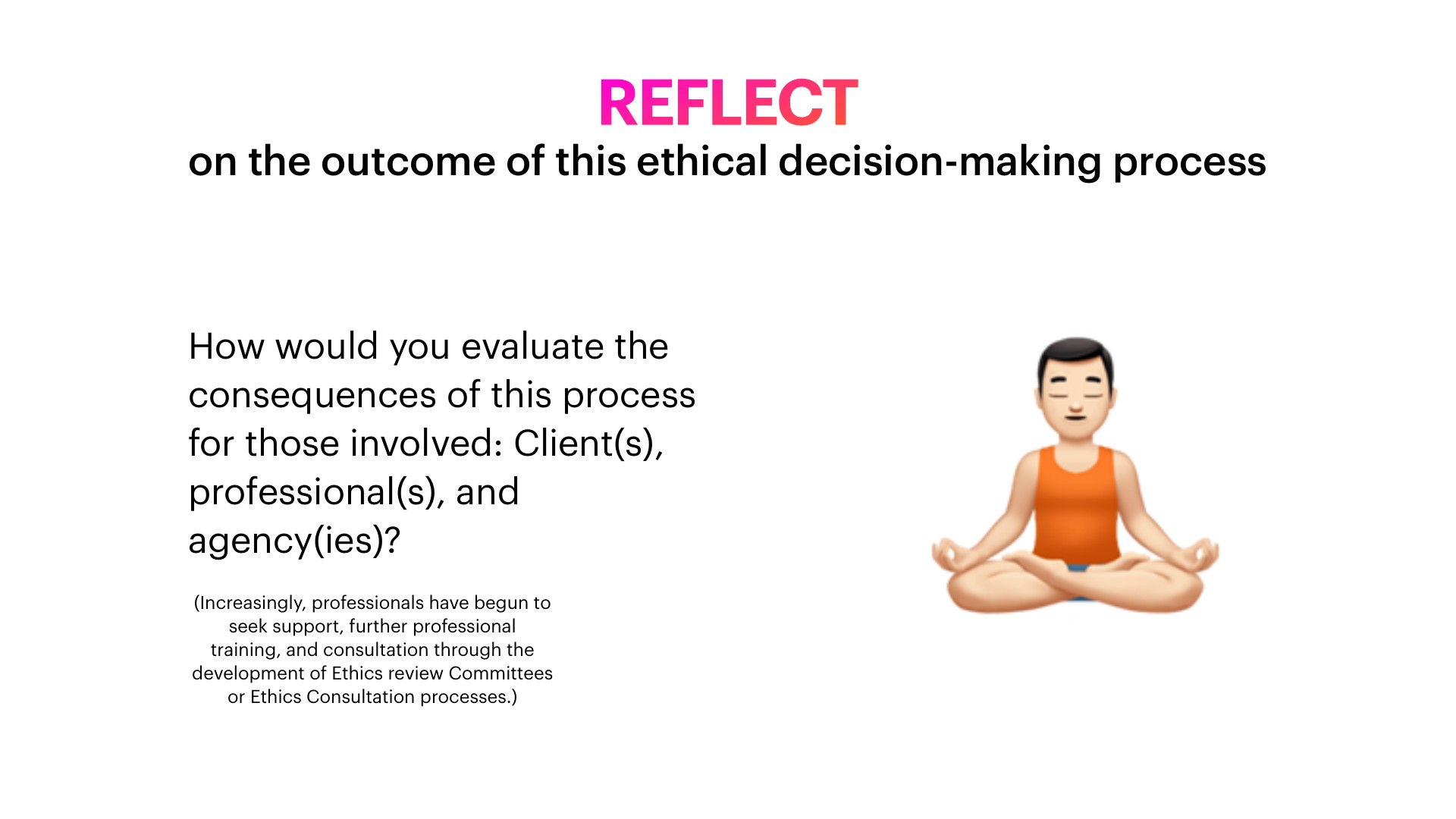 A slide titled 'REFLECT on the outcome of this ethical decision-making process' asks 'How would you evaluate the consequences of this process for those involved: Client(s), professional(s), and agency(ies)?' A small note below reads '(Increasingly, professionals have begun to seek support, further professional training, and consultation through the development of Ethics review Committees or Ethics Consultation processes.)' On the right, a cartoon emoji of a figure with closed eyes sits cross-legged in an orange tank top, meditating against a white background.
