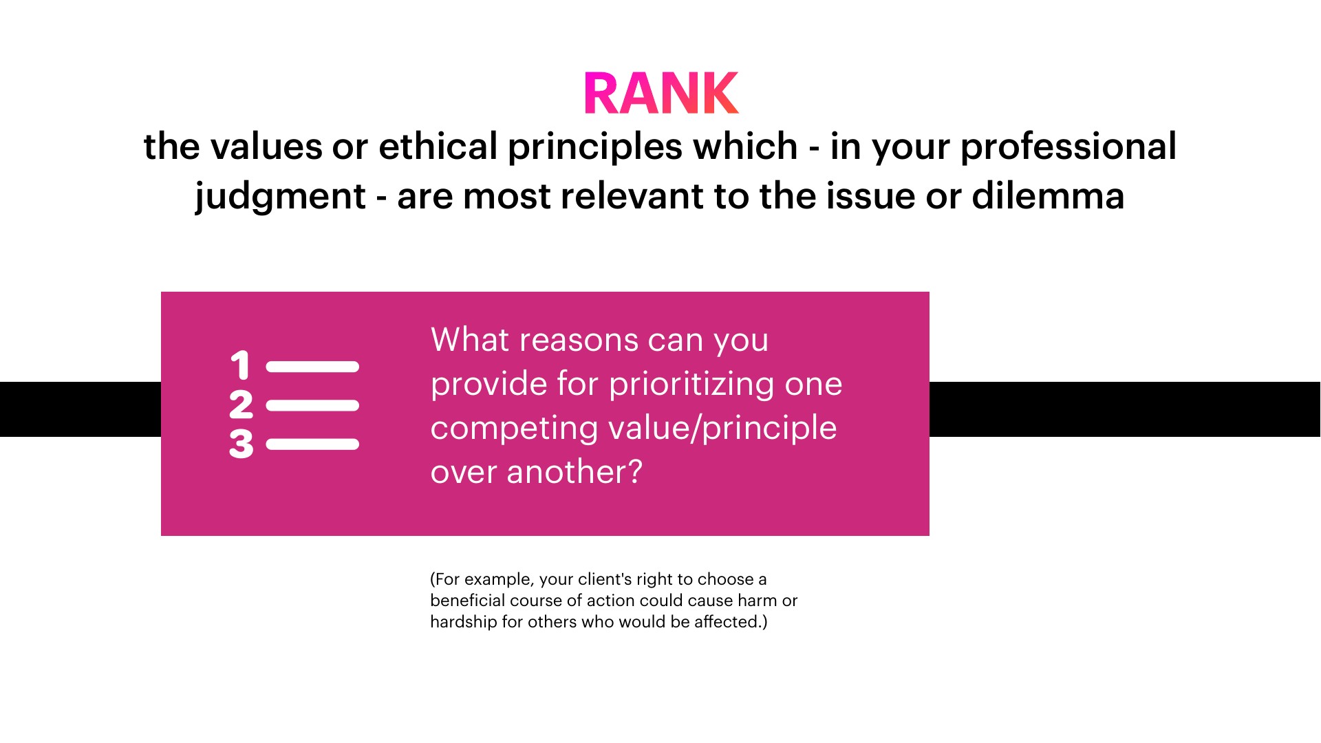 A white presentation slide with a large magenta-to-coral 'RANK' heading above the text 'the values or ethical principles which - in your professional judgment - are most relevant to the issue or dilemma.' A magenta box with a numbered-list icon (1, 2, 3) asks 'What reasons can you provide for prioritizing one competing value/principle over another?' A small note below gives an example about a client's right to choose a beneficial course of action that could cause harm to others. A black horizontal band crosses the slide behind the box.