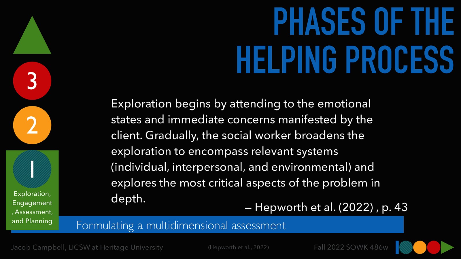 PHASES OF THE HELPING PROCESS 3 2 1 Exploration, Engagement , Assessment, and Planning Exploration begins by attending to the emotional states and immediate concerns manifested by the client. Gradually, the social worker broadens the exploration to encompass relevant systems (individual, interpersonal, and environmental) and explores the most critical aspects of the problem in depth. — Hepworth et al. (2022) , p. 43 Formulating a multidimensional assessment Jacob Campbell, LICSW at Heritage University (Hepworth et al., 2022) Fall 2022 SOWK 486w
