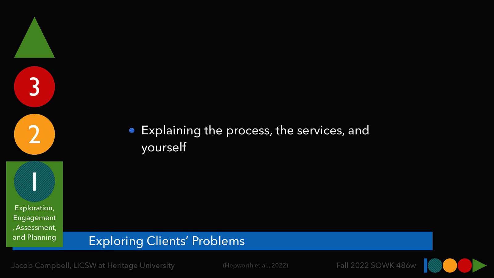 3 2 Explaining the process, the services, and yourself 1 Exploration, Engagement , Assessment, and Planning Exploring Clients’ Problems Jacob Campbell, LICSW at Heritage University (Hepworth et al., 2022) Fall 2022 SOWK 486w
