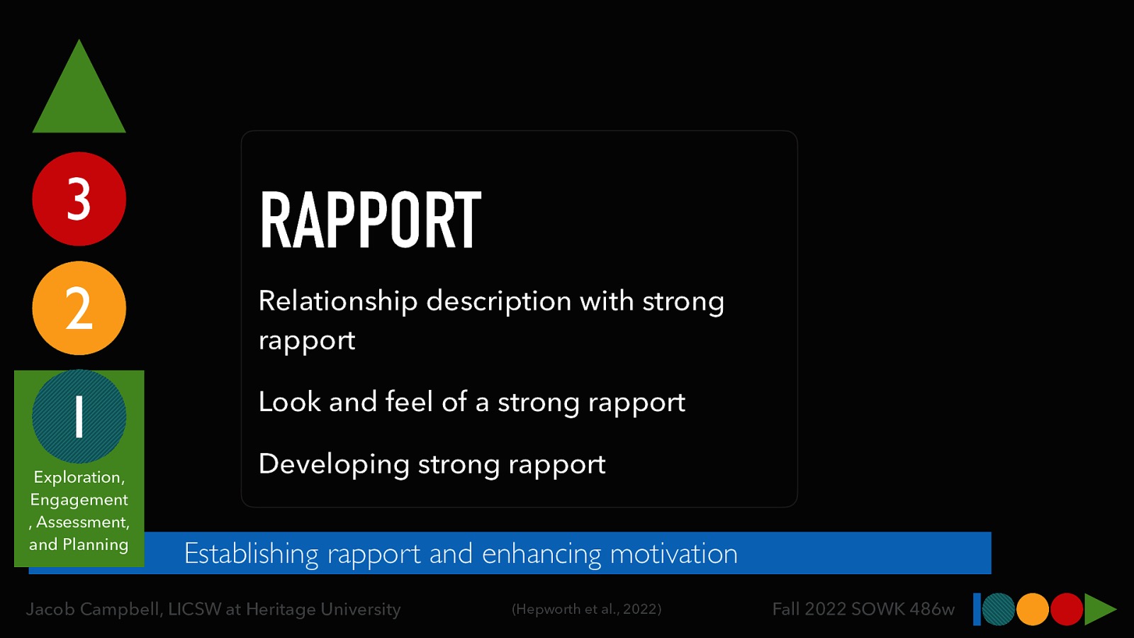 3 RAPPORT 2 Relationship description with strong rapport 1 Look and feel of a strong rapport Exploration, Engagement , Assessment, and Planning Developing strong rapport Establishing rapport and enhancing motivation Jacob Campbell, LICSW at Heritage University (Hepworth et al., 2022) Fall 2022 SOWK 486w
