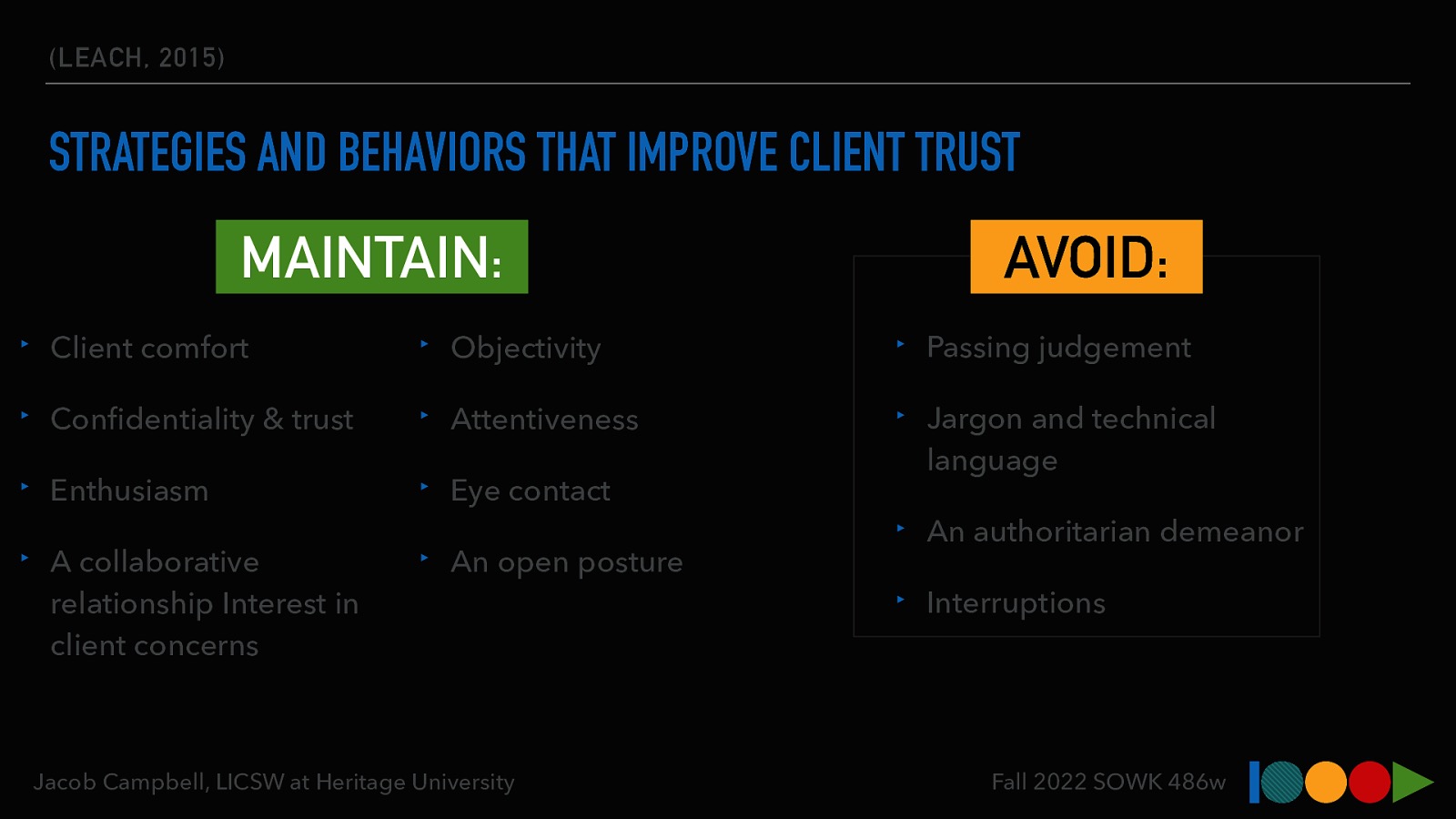 (LEACH, 2015) STRATEGIES AND BEHAVIORS THAT IMPROVE CLIENT TRUST MAINTAIN: AVOID: ‣ Client comfort ‣ Objectivity ‣ Passing judgement ‣ Con dentiality & trust ‣ Attentiveness ‣ Enthusiasm ‣ Eye contact ‣ Jargon and technical language ‣ A collaborative relationship Interest in client concerns ‣ An open posture fi Jacob Campbell, LICSW at Heritage University ‣ An authoritarian demeanor ‣ Interruptions Fall 2022 SOWK 486w
