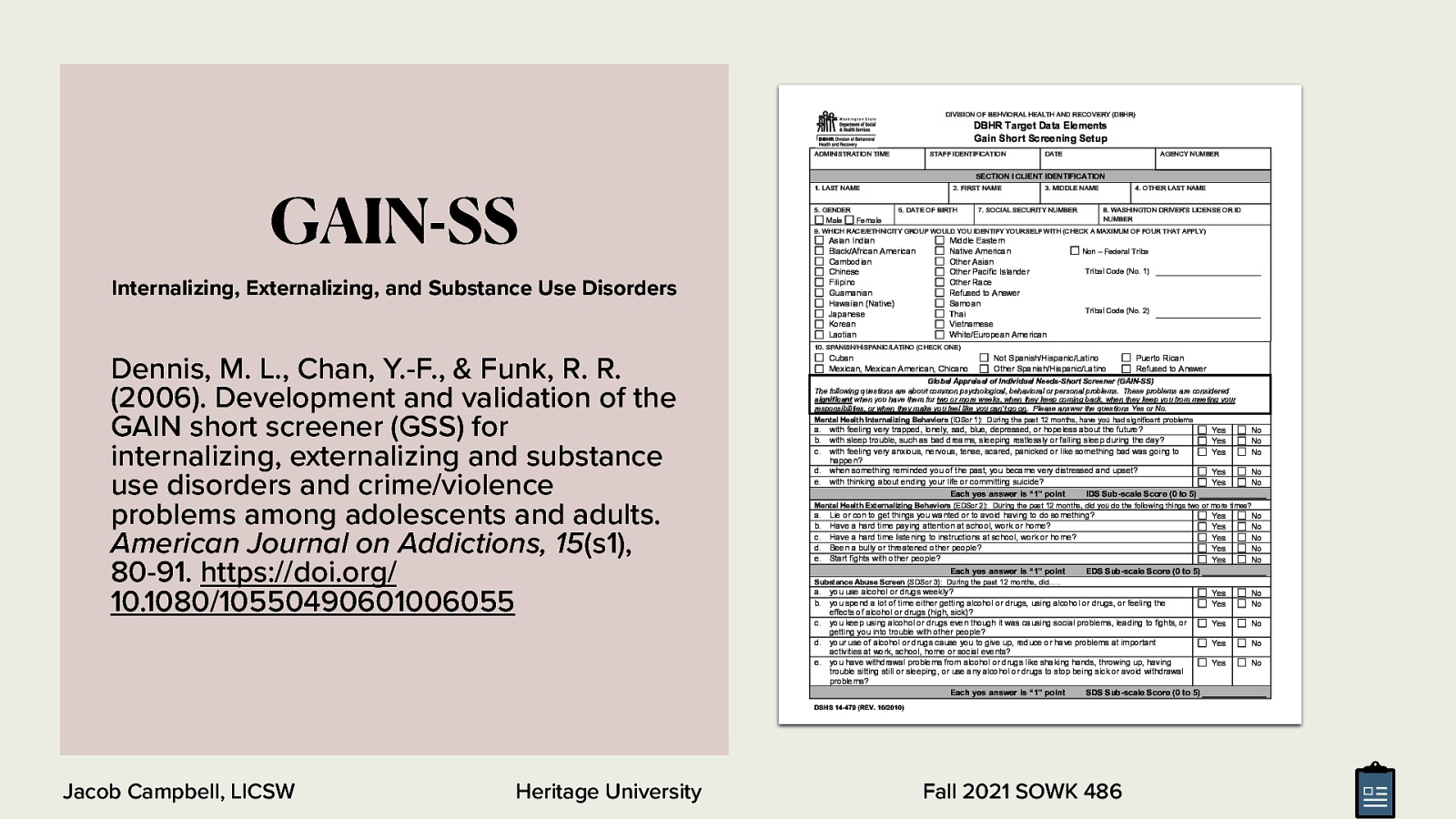 GAIN-SS - Internalizing, externalizing, and substance abuse. <div style=”margin: 0 0 0 2em; text-indent: -2em;” markdown=”1”> Dennis, M. L., Chan, Y.-F., & Funk, R. R. (2006). Development and validation of the GAIN short screener (GSS) for internalizing, externalizing and substance use disorders and crime/violence problems among adolescents and adults. American Journal on Addictions, 15(s1), 80-91. https://doi.org/10.1080/10550490601006055 </div>
