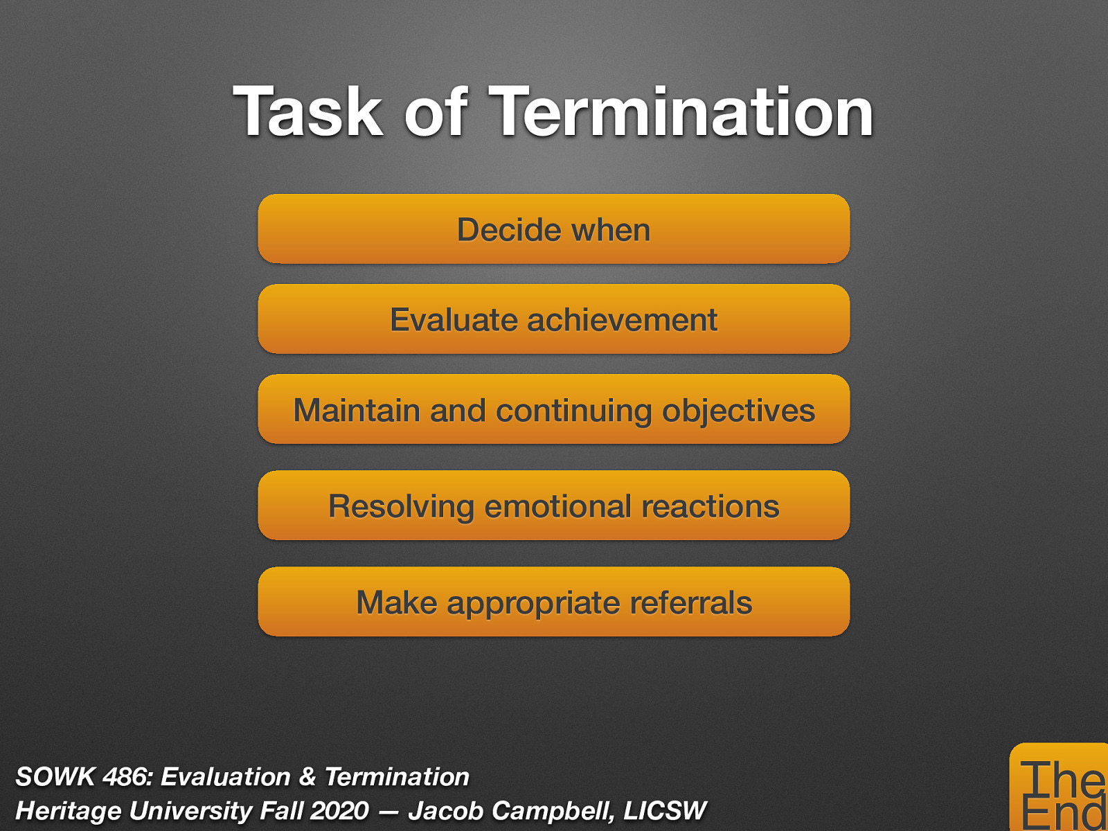  There are a few tasks that me must complete in the termination phase.   Decide when to terminate the professional worker-client relationship.  Evaluate achievement of the objectives.  Maintain and continuing progress.  Resolving emotional reactions of the worker and client.  Make appropriate referrals. .   Ultimately the goal at termination is to empower the client system Think about AMA, early termination… etc 
