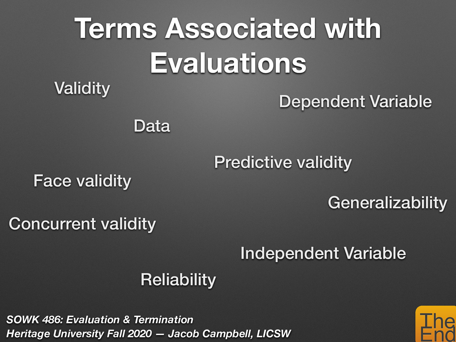  There are a number of terms that are associated with evaluation.    Validity-the extent to which you are measuring what you think you are measuring.  Face validity-professional judgment about whether the measure actually measure what it is supposed to.  Concurrent validity exists when scores on one instrument correlate well with scores on another instrument that is already considered valid.  Predictive validity-when it can be used to predict future events.  Reliability-is the extent to which an instrument measures the same phenomenon in the same way each time the measure is used.  Reliable instruments produce consistent results over time.  Data: Gathering Methods-commonly used methods include surveys, scores of instruments, interviews with significant others, collected data, surveys or interviews, self reports, products which is achievement of a specific task or change in behavior, or observational measures these rely on others to observe a change in the clients behavior.  Independent Variable: is the factor we think is responsible for causing certain behaviors, reactions or events.  Dependent Variable: is the outcome or end product of the helping process.  Generalizability: is the ability of a set of results in one situation to fit another circumstance or instance.  Generalization across the globe have resulted in numerous failures of practice and policy both in the US and across the globe.   
