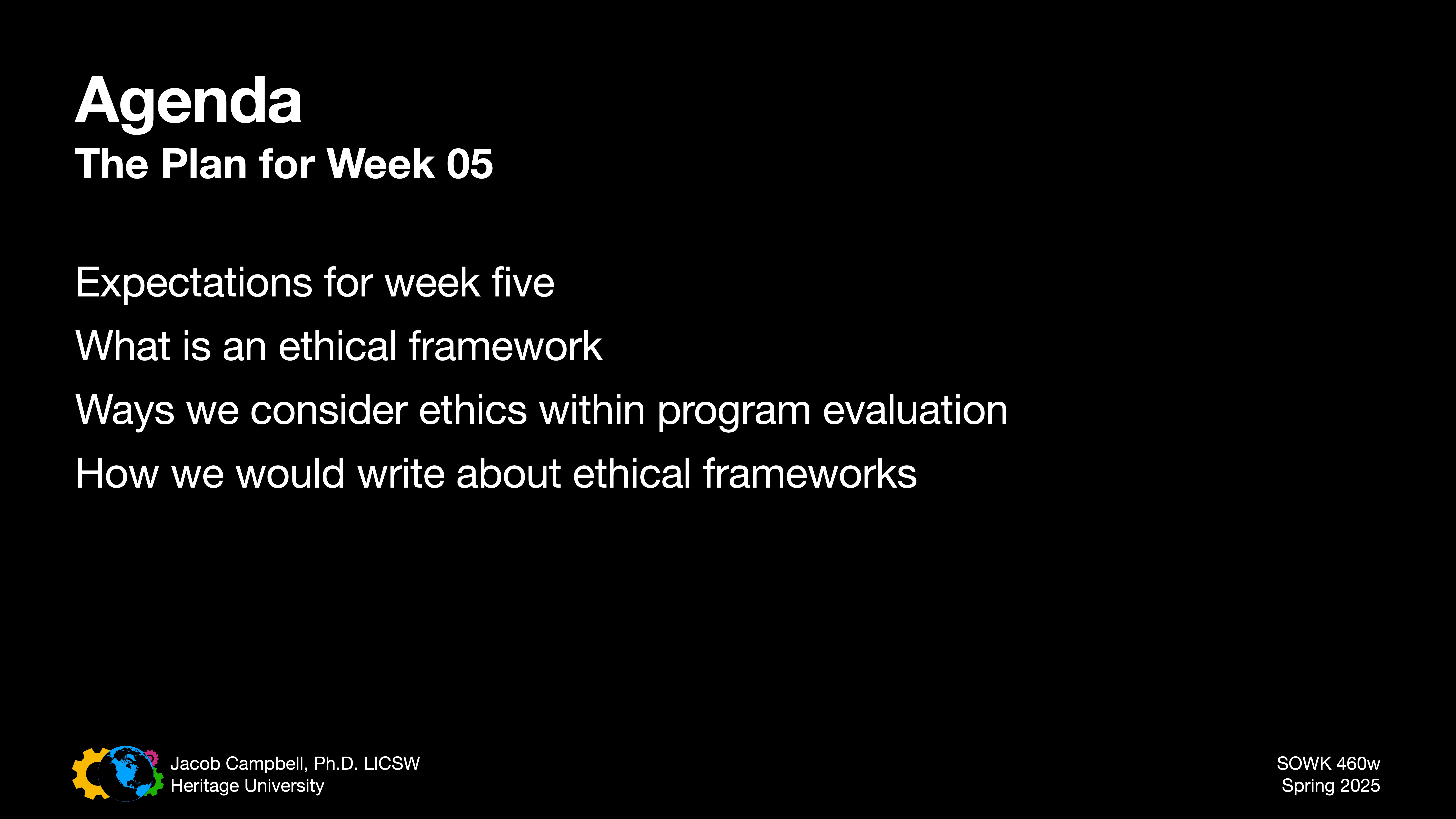 Agenda slide presents the plan for Week 05, detailing expectations, ethical frameworks, program evaluation ethics, and writing strategies. Includes presenter name, institution, course code, and term. Settings are black background with white text.