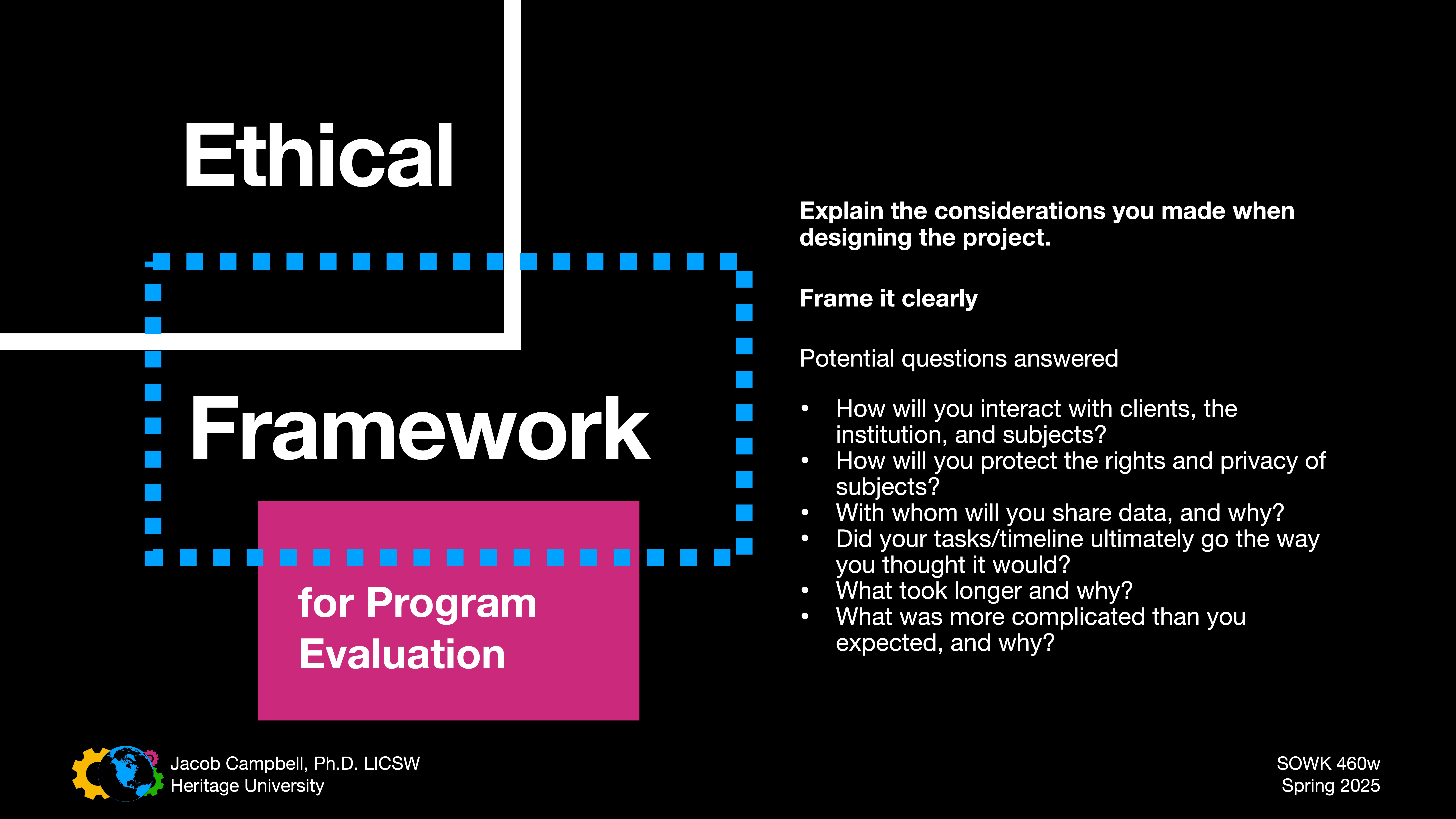 Slide displays a text layout. Object: 'Ethical Framework for Program Evaluation' is central with a pink banner. Action: questions are listed. Context: black background with explanatory text and course details at the bottom.