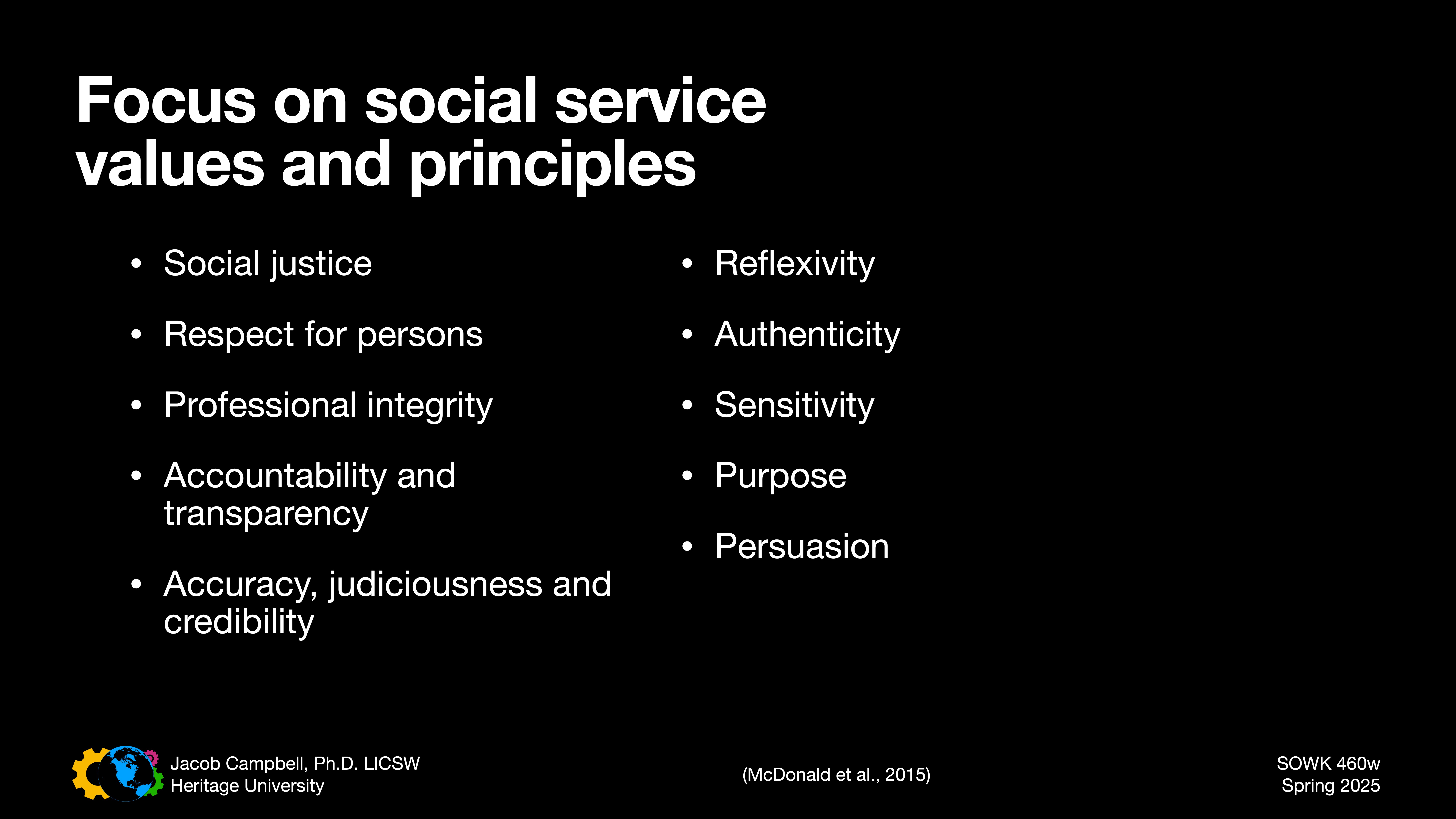 Slide listing social service values like social justice, reflexivity, and professional integrity. Context includes Jacob Campbell, Ph.D., LCSW, Heritage University. Reference: McDonald et al., 2015. Course: SOWK 460w, Spring 2025.