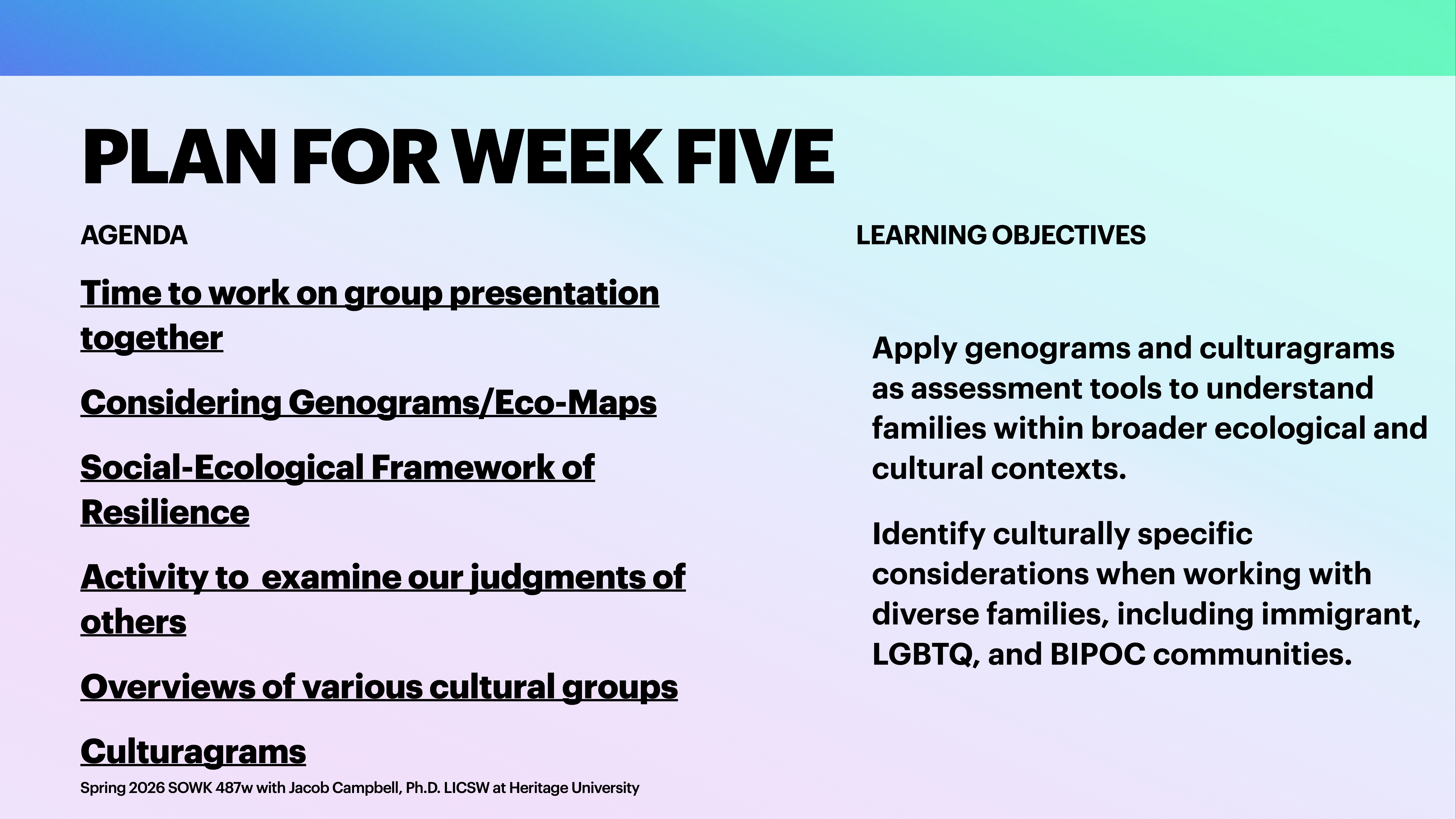 Presentation slide titled 'PLAN FOR WEEK FIVE' shows the agenda and learning objectives. The agenda includes group presentation work, genograms/eco-maps, and cultural overviews. Objectives focus on applying assessment tools and understanding diverse family contexts.