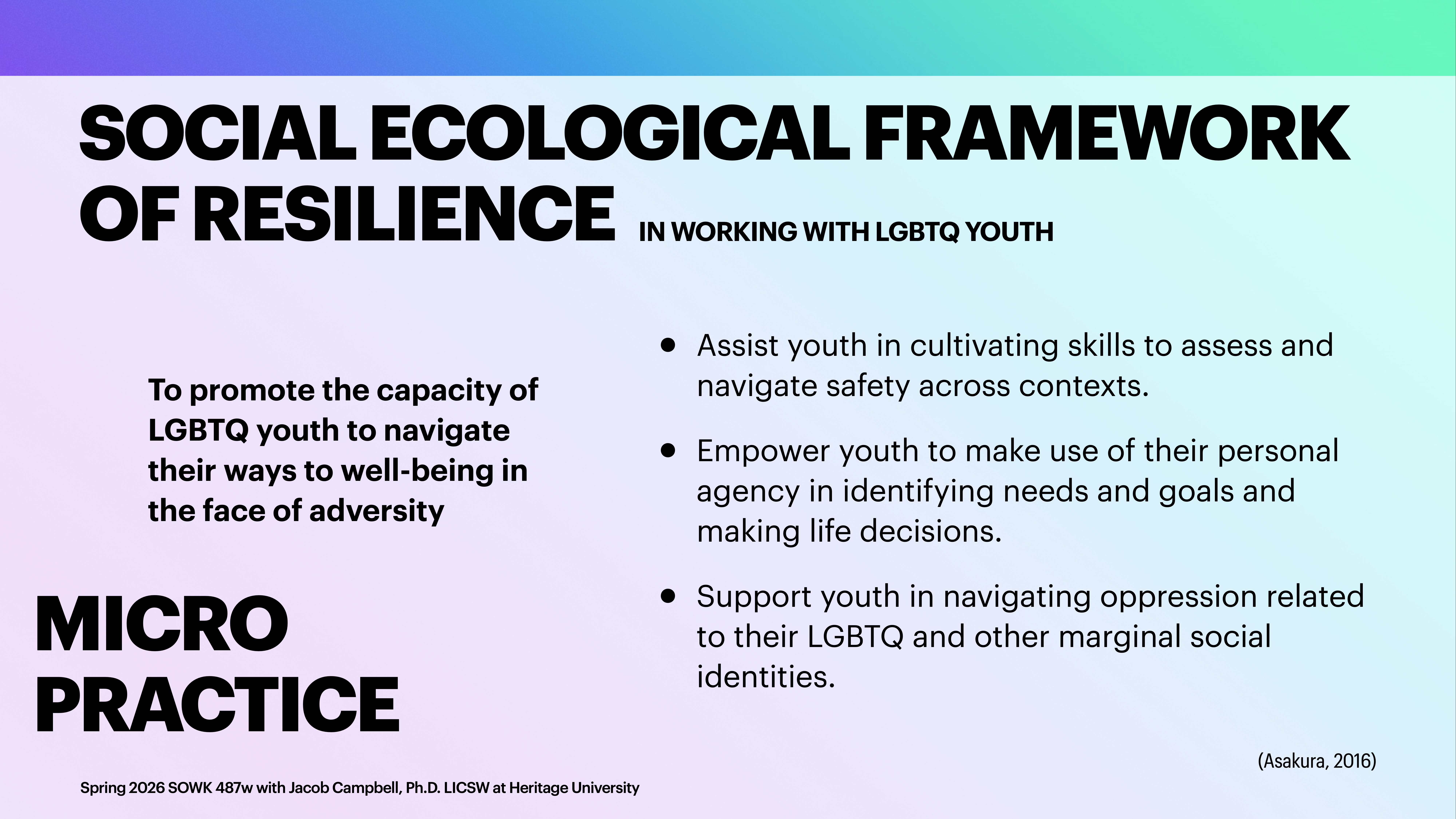 Slide highlighting a social ecological resilience framework for LGBTQ youth. Focus: support and empowerment; context: educational guidance. Includes objectives like safety assessment, personal agency empowerment, and oppression navigation.Text includes: 'SOCIAL ECOLOGICAL FRAMEWORK OF RESILIENCE IN WORKING WITH LGBTQ YOUTH.''To promote the capacity of LGBTQ youth to navigate their ways to well-being in the face of adversity.''MICRO PRACTICE.'- Assist youth in cultivating skills to assess and navigate safety across contexts.- Empower youth to make use of their personal agency in identifying needs and goals and making life decisions.- Support youth in navigating oppression related to their LGBTQ and other marginal social identities.Spring 2026 SOWK 457w with Jacob Campbell, Ph.D. LICSW at Heritage University. (Asakura, 2016)