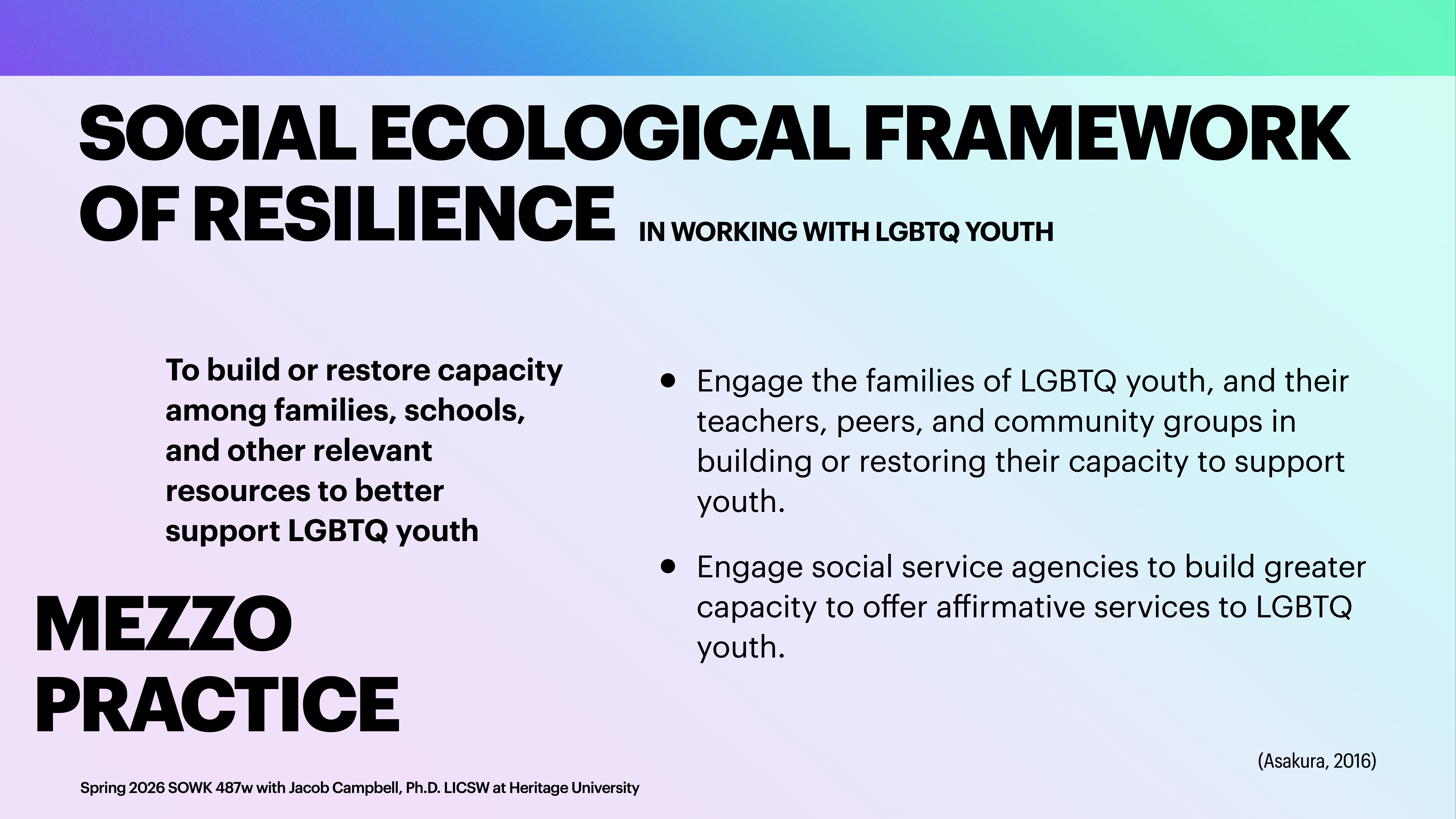 Slide text highlights 'SOCIAL ECOLOGICAL FRAMEWORK OF RESILIENCE IN WORKING WITH LGBTQ YOUTH.' Focus on 'MEZZO PRACTICE' to engage families, schools, and social services, enhancing support for LGBTQ youth. (Asakura, 2016)