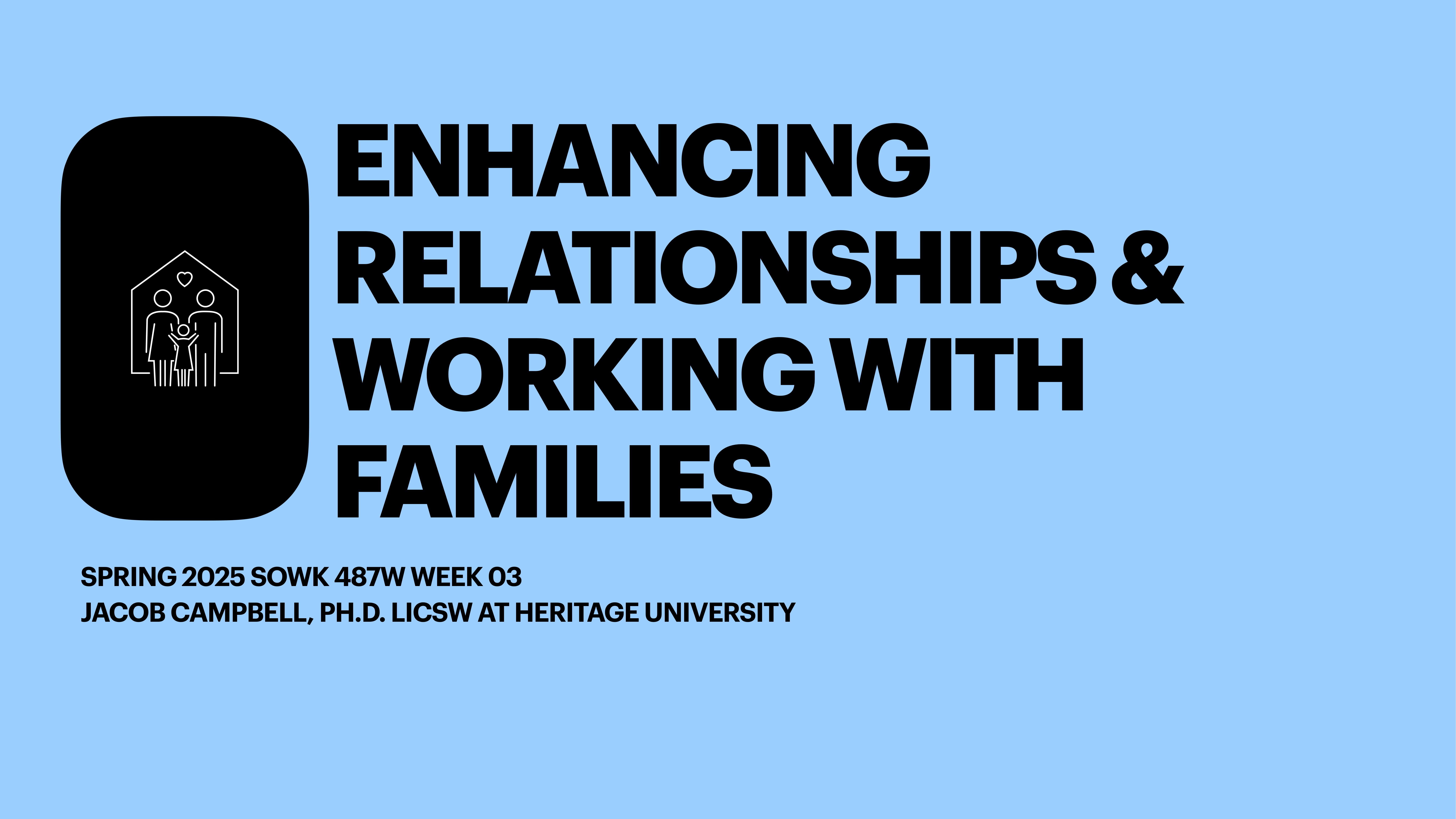 A blue presentation slide features text: 'Enhancing Relationships & Working with Families.' Below: 'Spring 2025 SOWK 487W Week 03, Jacob Campbell, Ph.D. LICSW at Heritage University.' Icon of people in a house on the left.