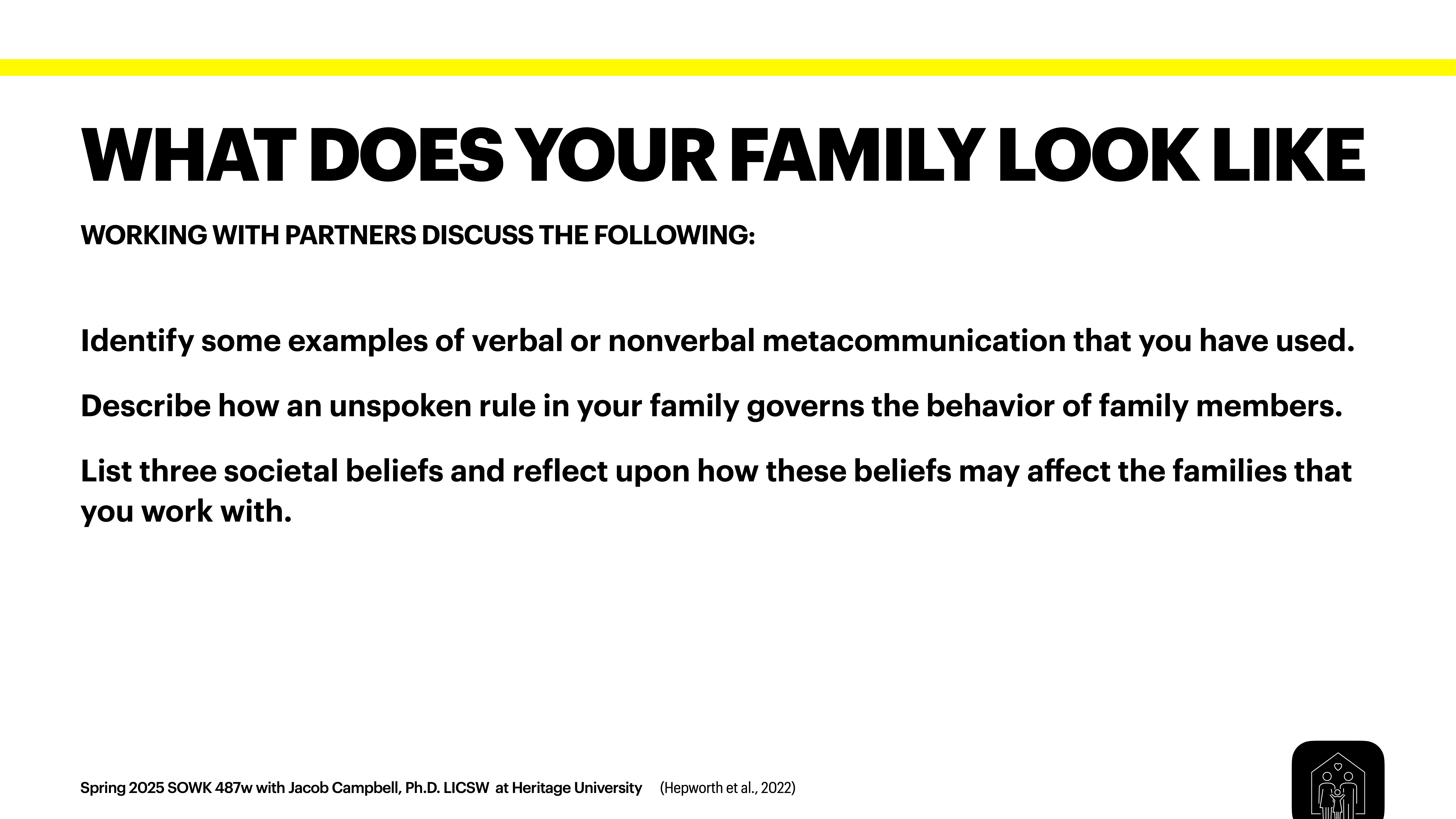 Slide text reads: 'WHAT DOES YOUR FAMILY LOOK LIKE. WORKING WITH PARTNERS DISCUSS THE FOLLOWING: Identify verbal/nonverbal metacommunication examples; describe an unspoken family rule; list three societal beliefs affecting families. Spring 2025 SOWK 487w at Heritage University.'