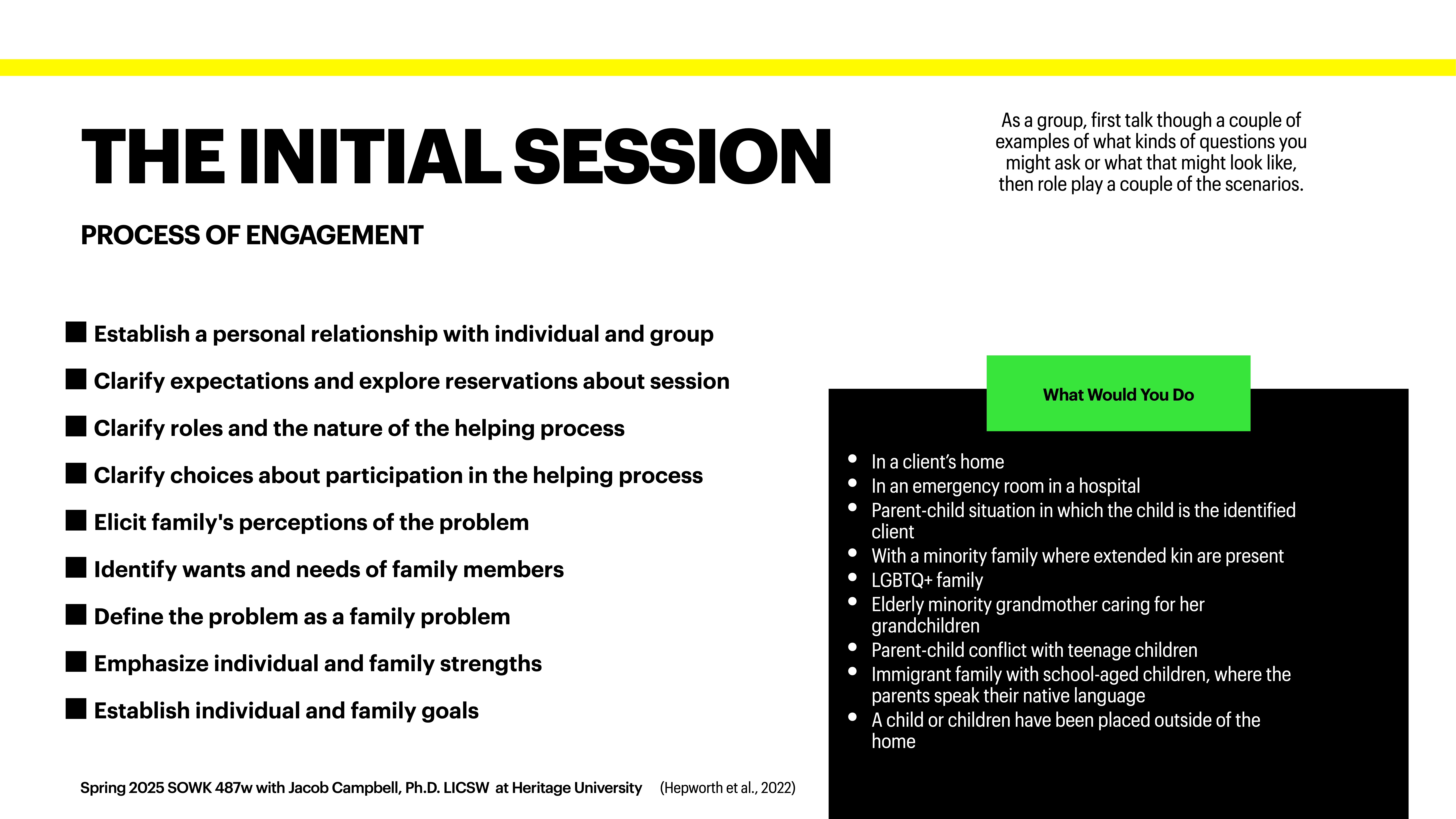 **Slide Description:****Title:** 'The Initial Session'**Content:** A detailed list titled 'Process of Engagement' includes steps like establishing relationships, clarifying expectations, and identifying needs. An adjacent box lists scenarios, such as 'In a client's home' and 'In an emergency room at a hospital.'**Footer:** 'Spring 2025 SOWK 487w with Jacob Campbell, PhD, LICSW at Heritage University' with reference to Hepworth et al., 2022.