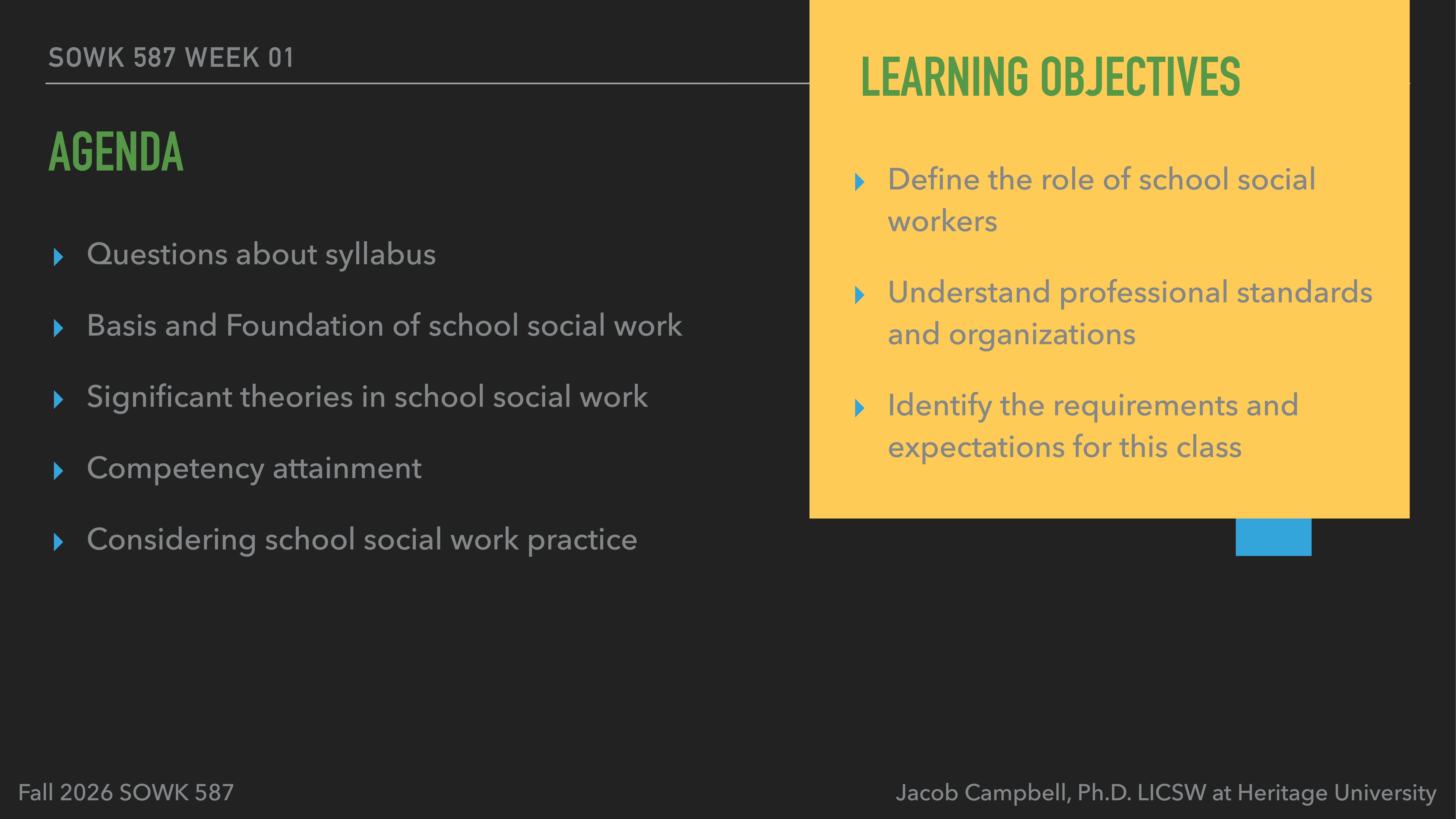 Presentation slide with text. Left side lists 'Agenda' for SOWK 587 Week 01, covering syllabus questions, theories, and practice. Right side lists 'Learning Objectives,' including defining roles and understanding standards.