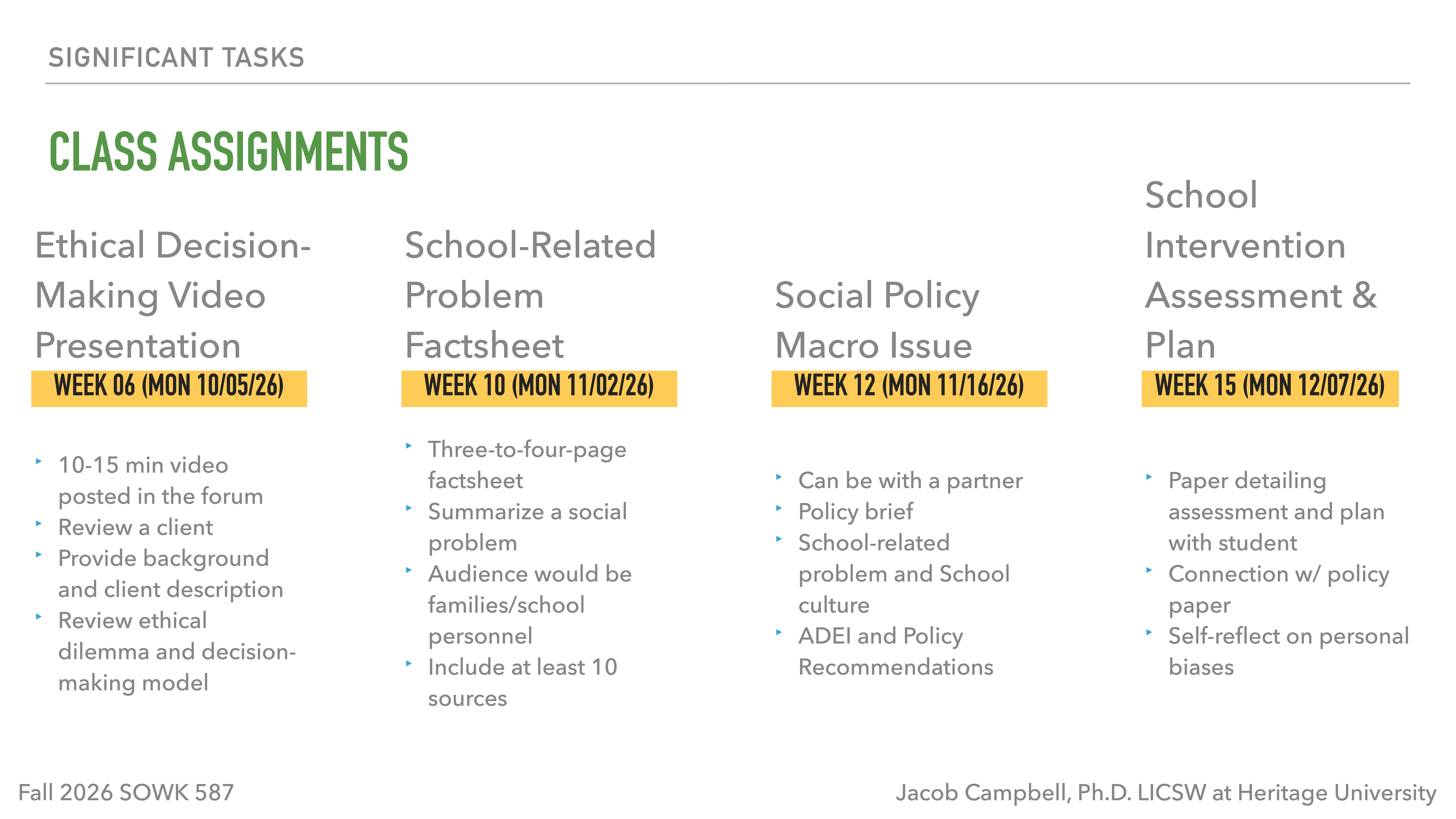 A presentation slide outlines 'Class Assignments' for a social work course. Tasks include video presentations, factsheets, policy briefs, and intervention plans, each with specific deadlines and content guidelines.