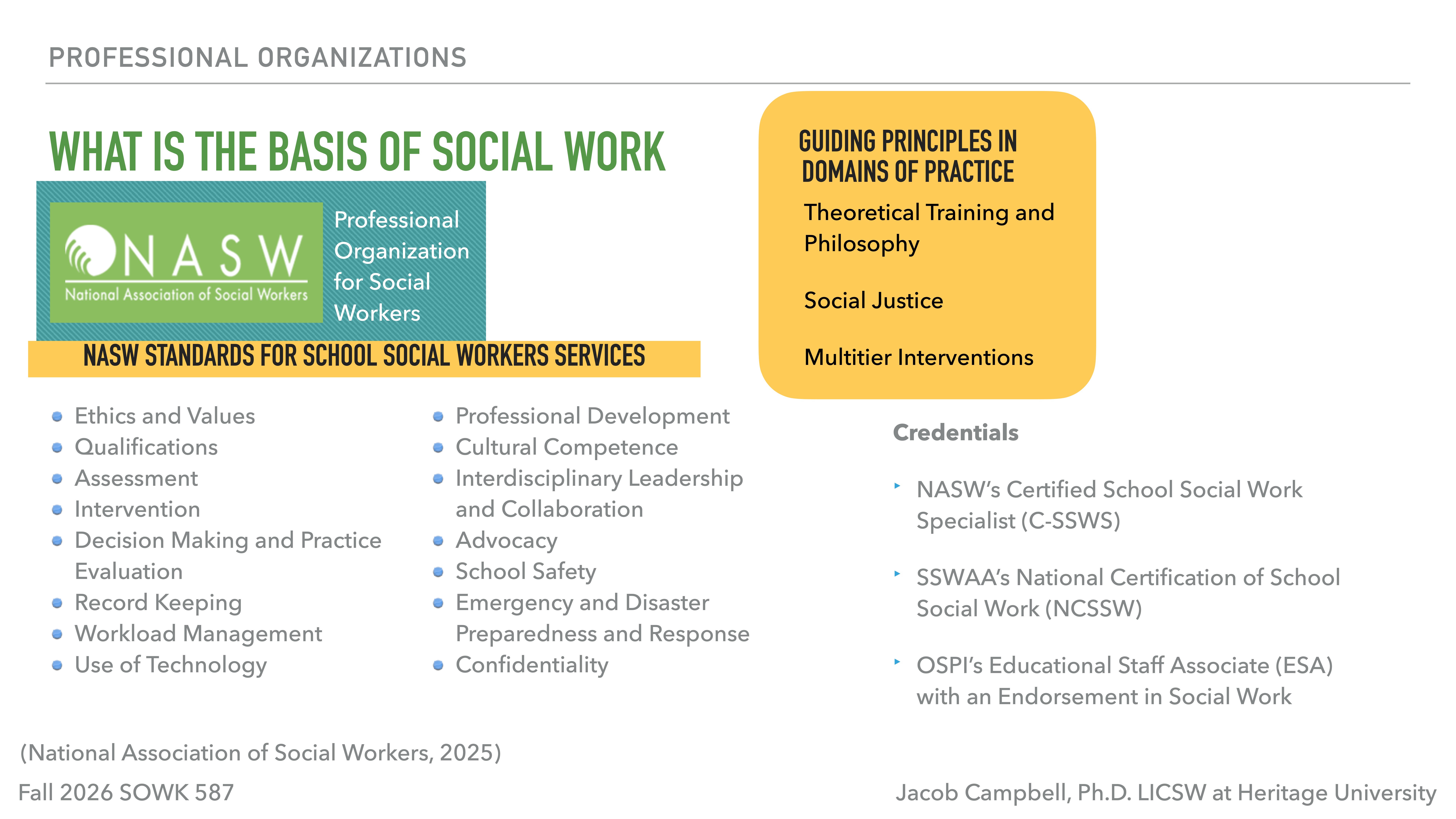 Slide presenting information on social work, including NASW standards, guiding principles, and credentials. Emphasis on ethics, cultural competence, advocacy, social justice, and emergency preparedness. Includes references and author credentials.