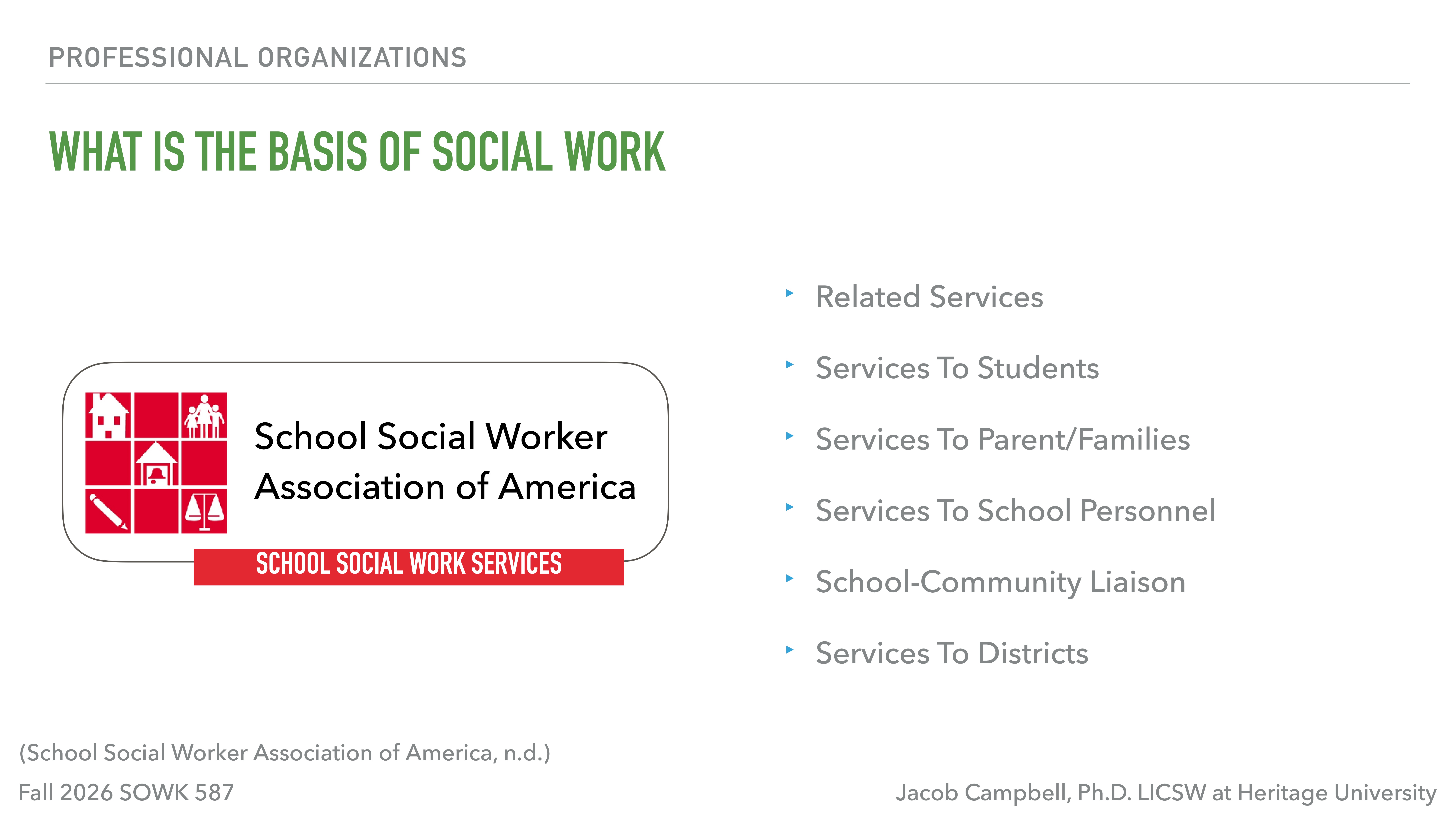 Slide displays text, 'WHAT IS THE BASIS OF SOCIAL WORK,' with a logo for the 'School Social Worker Association of America.' Lists: Related Services, Services To Students, Services To Parent/Families, Services To School Personnel, School-Community Liaison, Services To Districts. Presented by Jacob Campbell, Ph.D.
