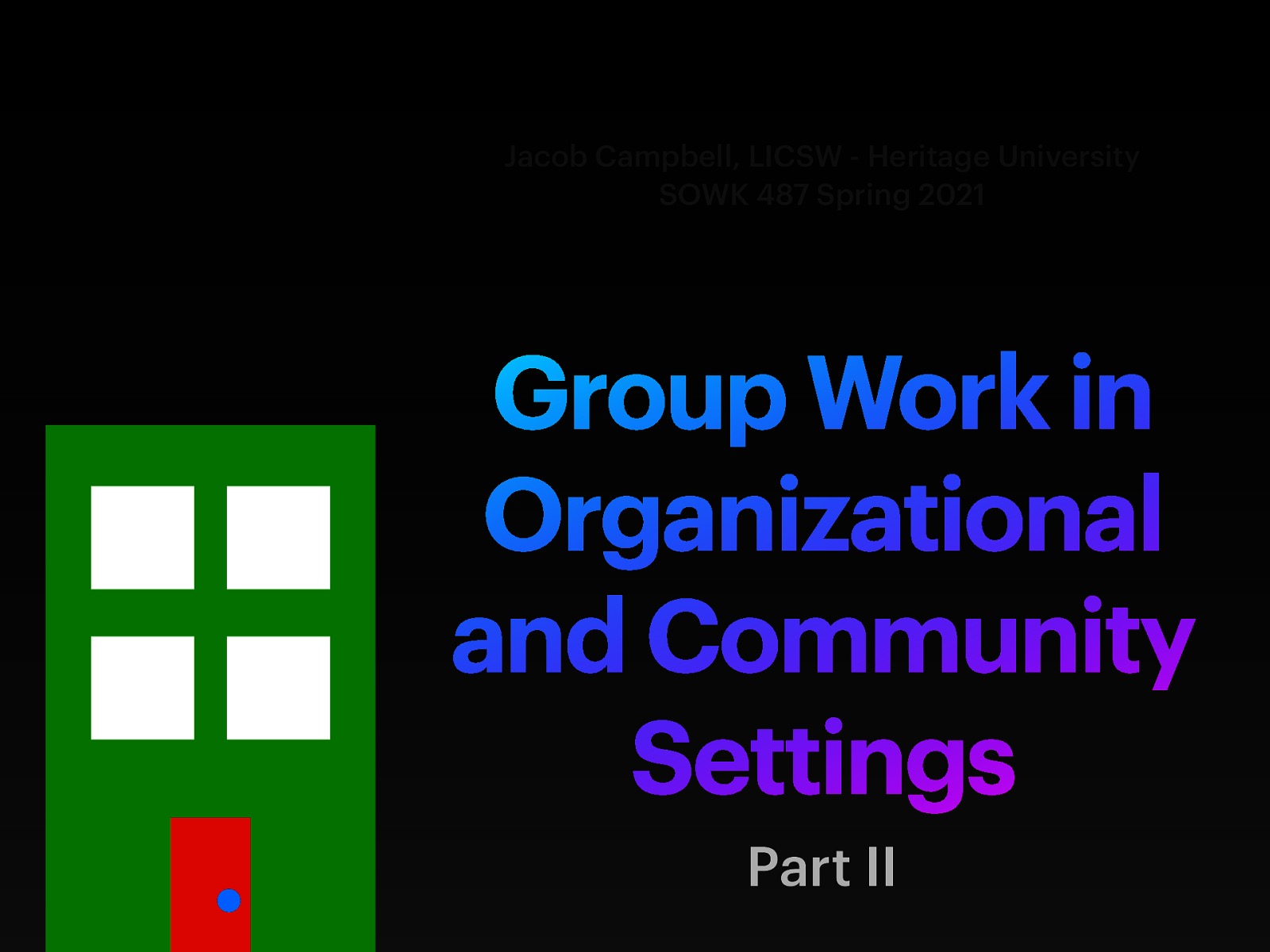 Time: Wednesday’s from 5:30-8:15 Date: 04/21/21 Content: Group Work in Organizations and Community Settings II Reading Assignment: Garvin et al. (2017) Chapters 27 & 28 Due Dates:   A-01: Synchronous Class Engagement Attend class  A-02: Asynchronous Class Engagement How do you see yourself as a leader 04/25/21 at 11:55 PM via Flipgrid   A-04: Research Paper to Inform Group Practice is due Friday 04/23/21 at 11:55 PM via Chalk and Wire Assignment on My Heritage   Read Garvin et al. (2017) Chapters 27 & 28 