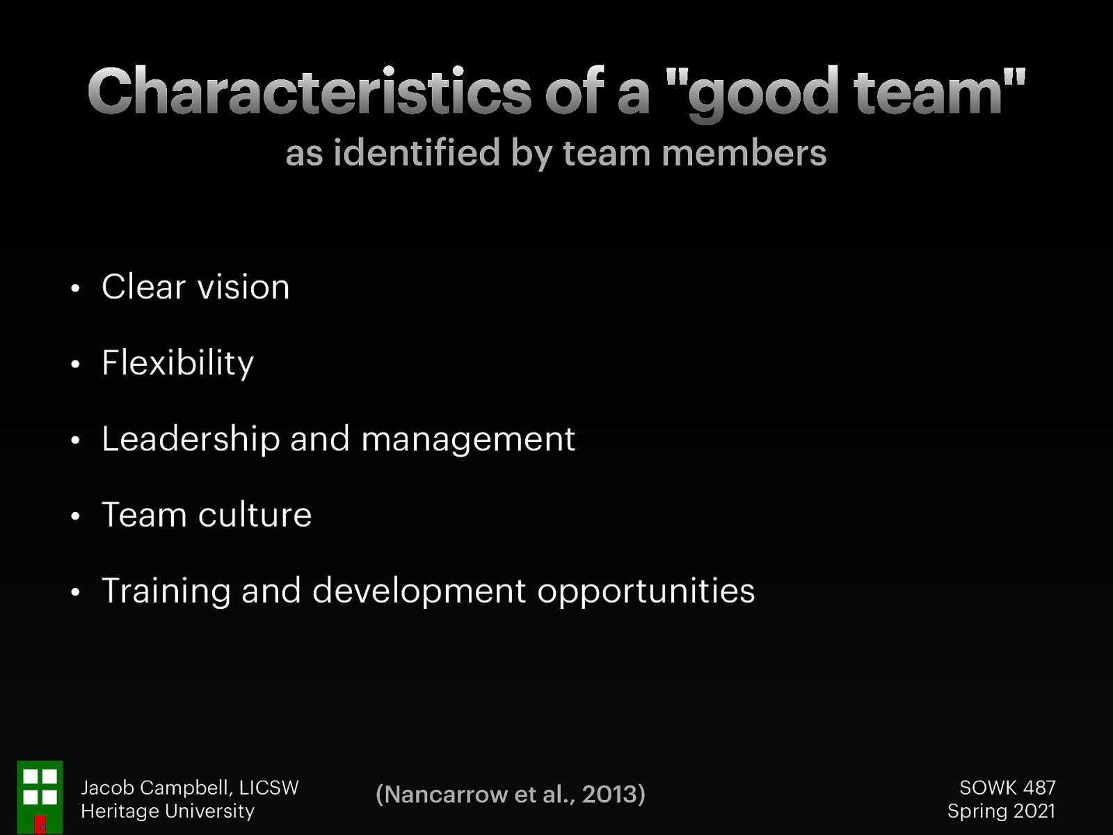   Clear vision: Participants identified the need for a clear vision, role, and purpose of the team. This was both to steer the direction of the team, but also required so that teams could establish appropriate referral criteria into the team.  Flexibility (of the team and the individuals within it): The need for flexibility was identified as an individual attribute “ability to cover each other’s roles, but knowing your boundaries”.  Individuals also need to be flexible to respond to the constantly changing service environment and patient needs (for instance, the flexibility of working hours). Flexibility of the service was also identified, for instance, flexibility in referral criteria.    Leadership and management: All teams identified the importance of good leadership, and the characteristics of a good leader are explored elsewhere.  Team culture: camaraderie and team support/relationships:  The importance of team culture was the largest theme, with 66 items within this theme. Trust, mutual respect, reliability, commitment, and support were the most commonly raised themes. But team culture included the importance of informal relationships, camaraderie, fun, and friendship between colleagues.    Training and development opportunities: Opportunities for gaining new knowledge, sharing knowledge, continuing professional development, and education. 
