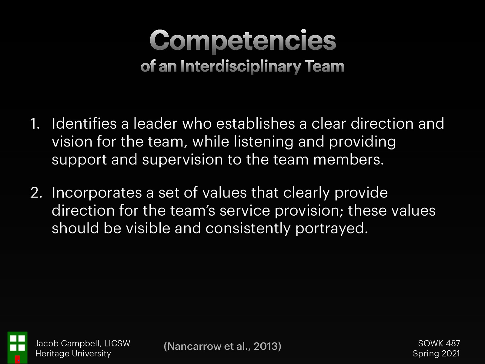  Taken from— Nancarrow, S., Booth, A., Ariss, S., Smith, T., Enderby, P., & Roots, A. (2013). Ten principles of good interdisciplinary team work. Human Resources for Health, 11(1), 19. http://doi.org/10.1186/1478-4491-11-19   [Whole Class Activity] Discuss each of the topics and what they might look like   Identifies a leader who establishes a clear direction and vision for the team, while listening and providing support and supervision to the team members. Incorporates a set of values that clearly provide direction for the team’s service provision; these values should be visible and consistently portrayed. 
