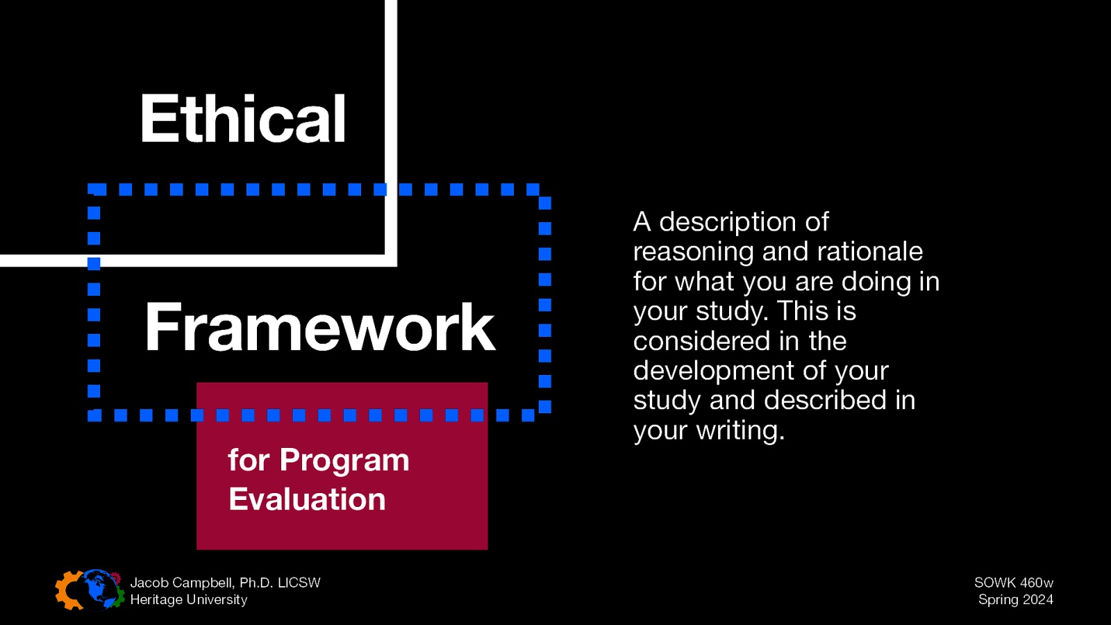 Ethical Framework for Program Evaluation Jacob Campbell, Ph.D. LICSW Heritage University A description of reasoning and rationale for what you are doing in your study. This is considered in the development of your study and described in your writing. SOWK 460w Spring 2024
