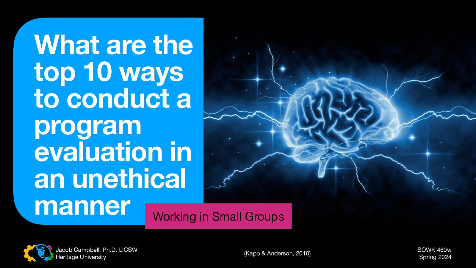 What are the top 10 ways to conduct a program evaluation in an unethical manner Working in Small Groups Jacob Campbell, Ph.D. LICSW Heritage University (Kapp & Anderson, 2010) SOWK 460w Spring 2024
