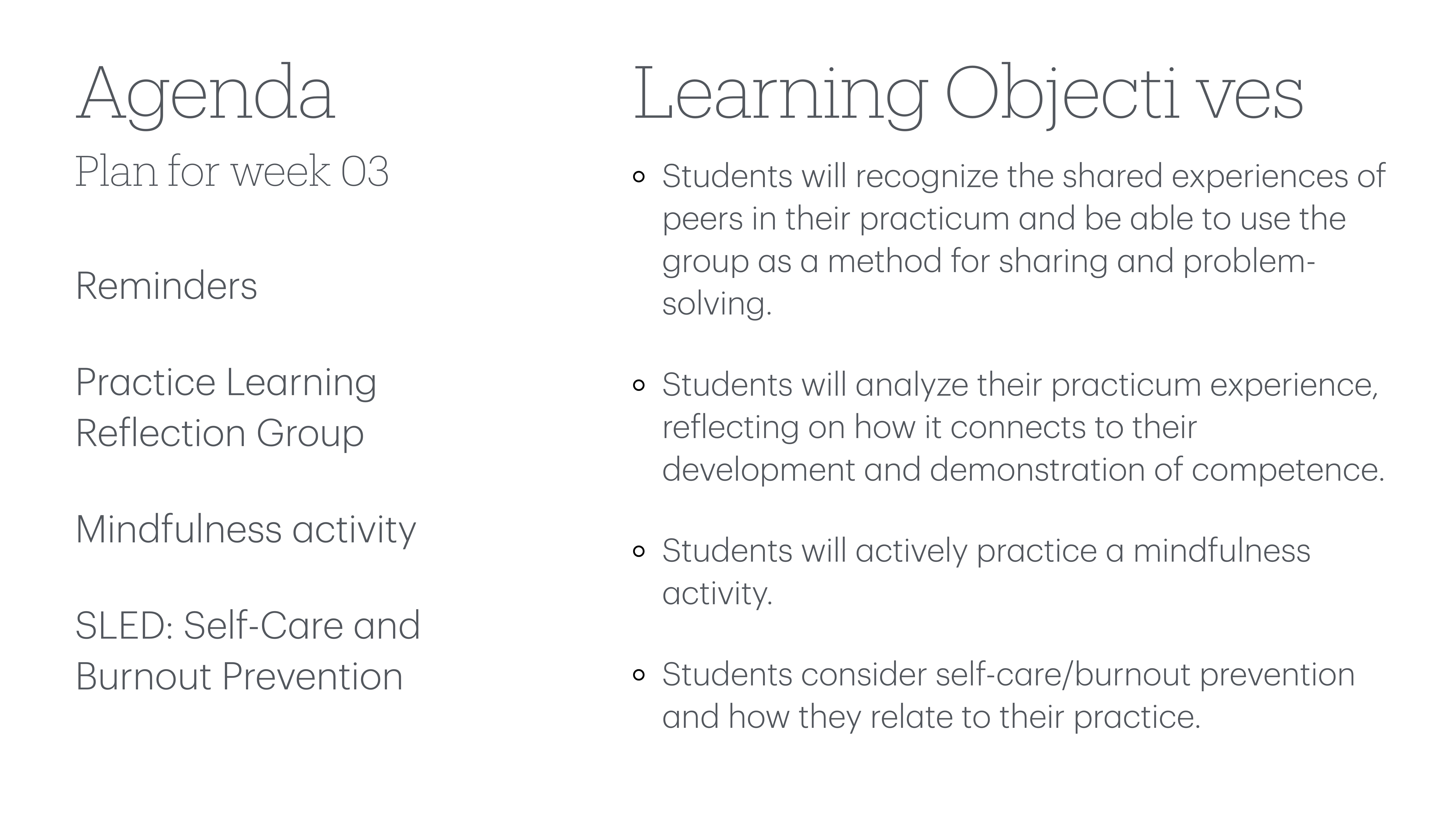 Agenda slide lists weekly plan and learning objectives. Left: 'Agenda' highlights reminders, practice learning, mindfulness, self-care. Right: 'Learning Objectives' focus on shared experiences, mindfulness, self-reflection, burnout prevention.