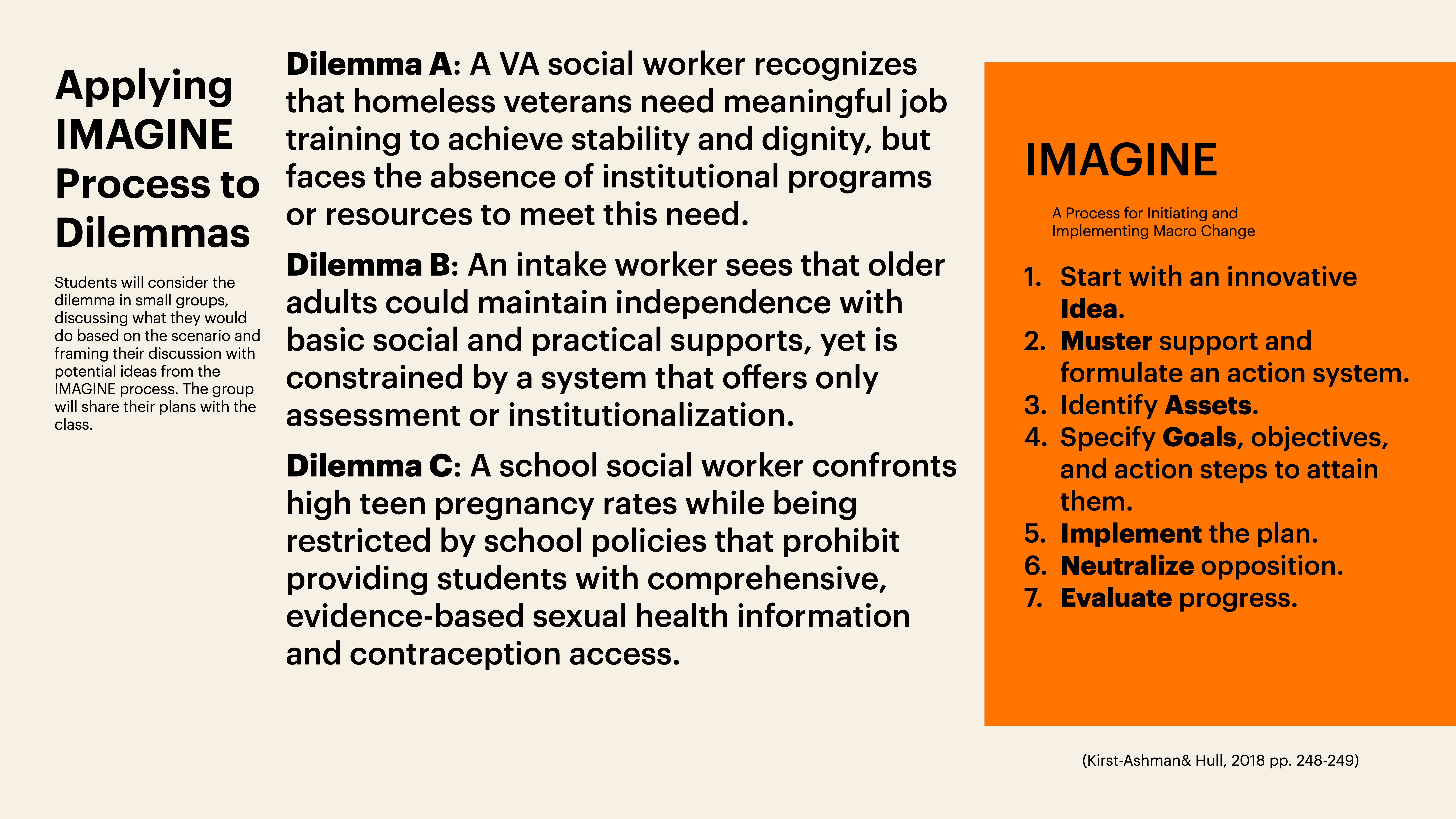 A presentation slide displays three social work dilemmas and an IMAGINE process for change. Dilemmas involve veterans’ job training, older adults' independence, and teen pregnancy rates. The IMAGINE process spans seven steps from innovation to evaluation.