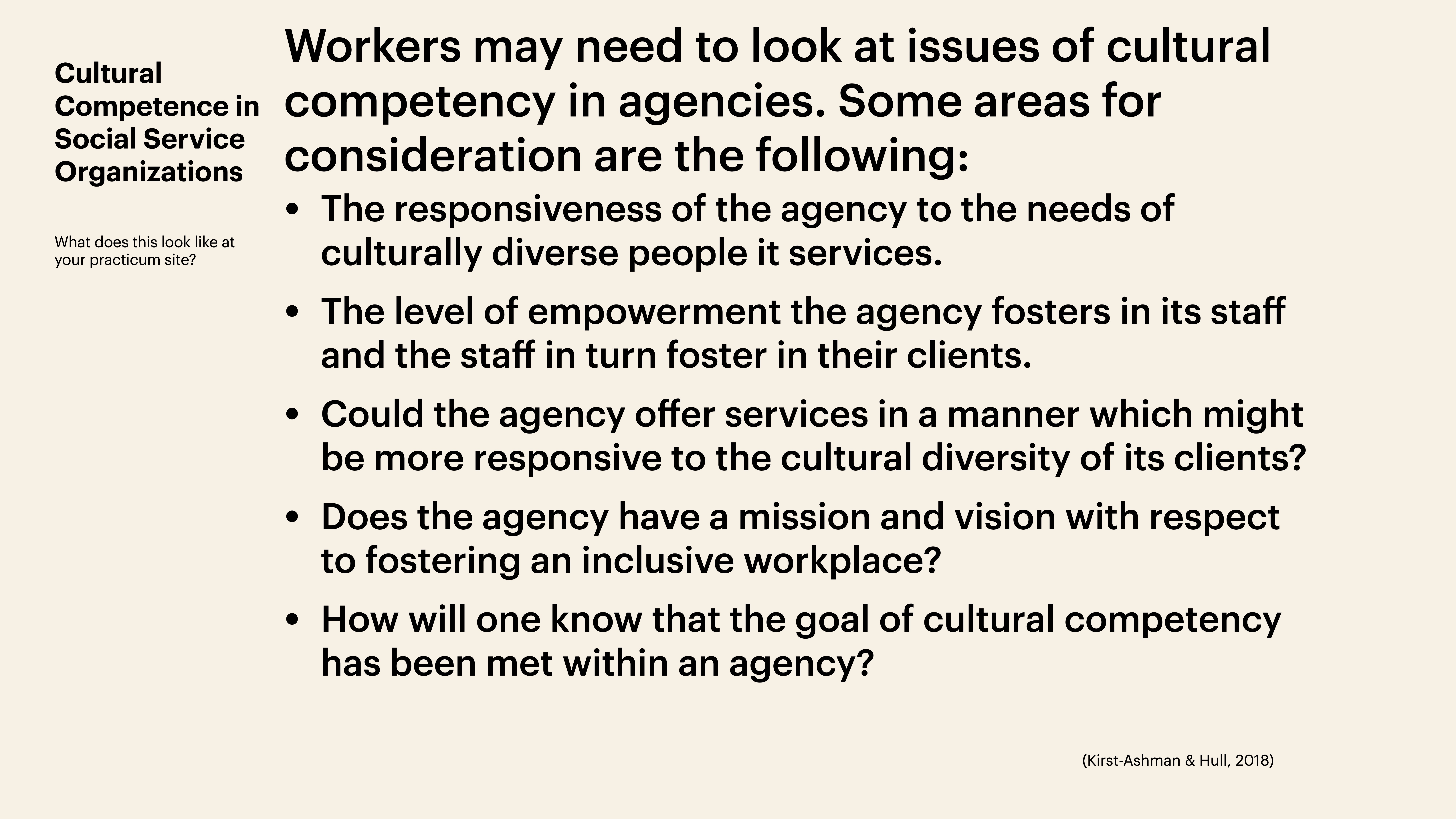 Text slide from a presentation discusses cultural competency in social service organizations, focusing on responsiveness, empowerment, service delivery, mission/vision, and assessing competency achievement. Context ties to agency practices and staff/client interactions.